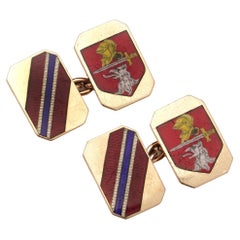 Vintage 9kt yellow gold and enamel  cufflinks with coat of arms