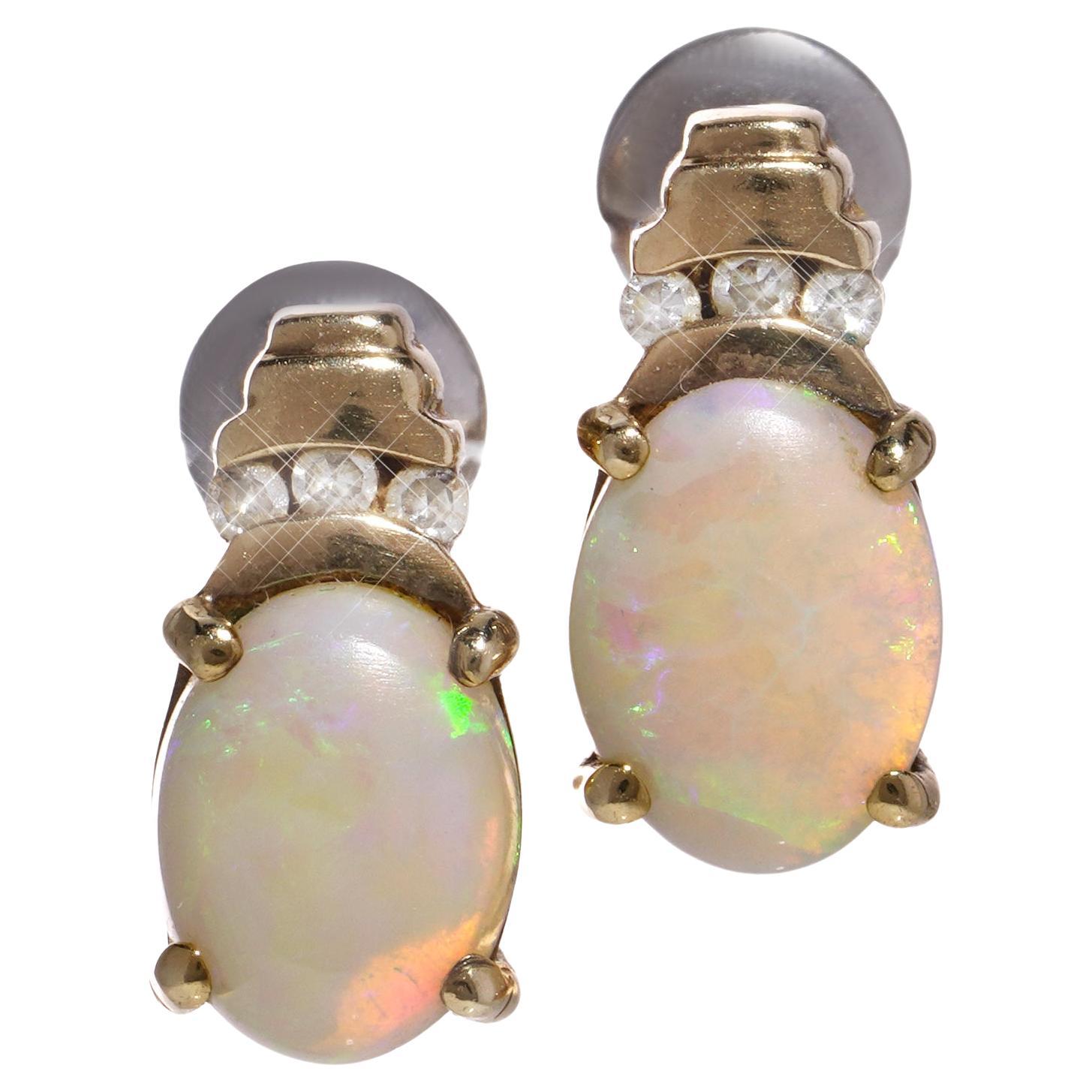 Vintage 9kt yellow gold pair of diamond and opal studs For Sale