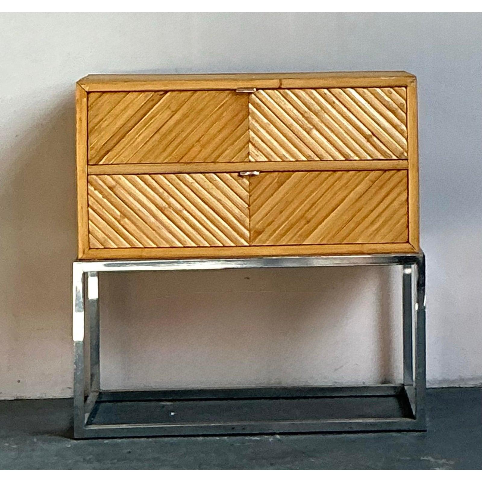Metallo Vintage a Boho Chevron Split Bamboo Chest of Drawers in vendita