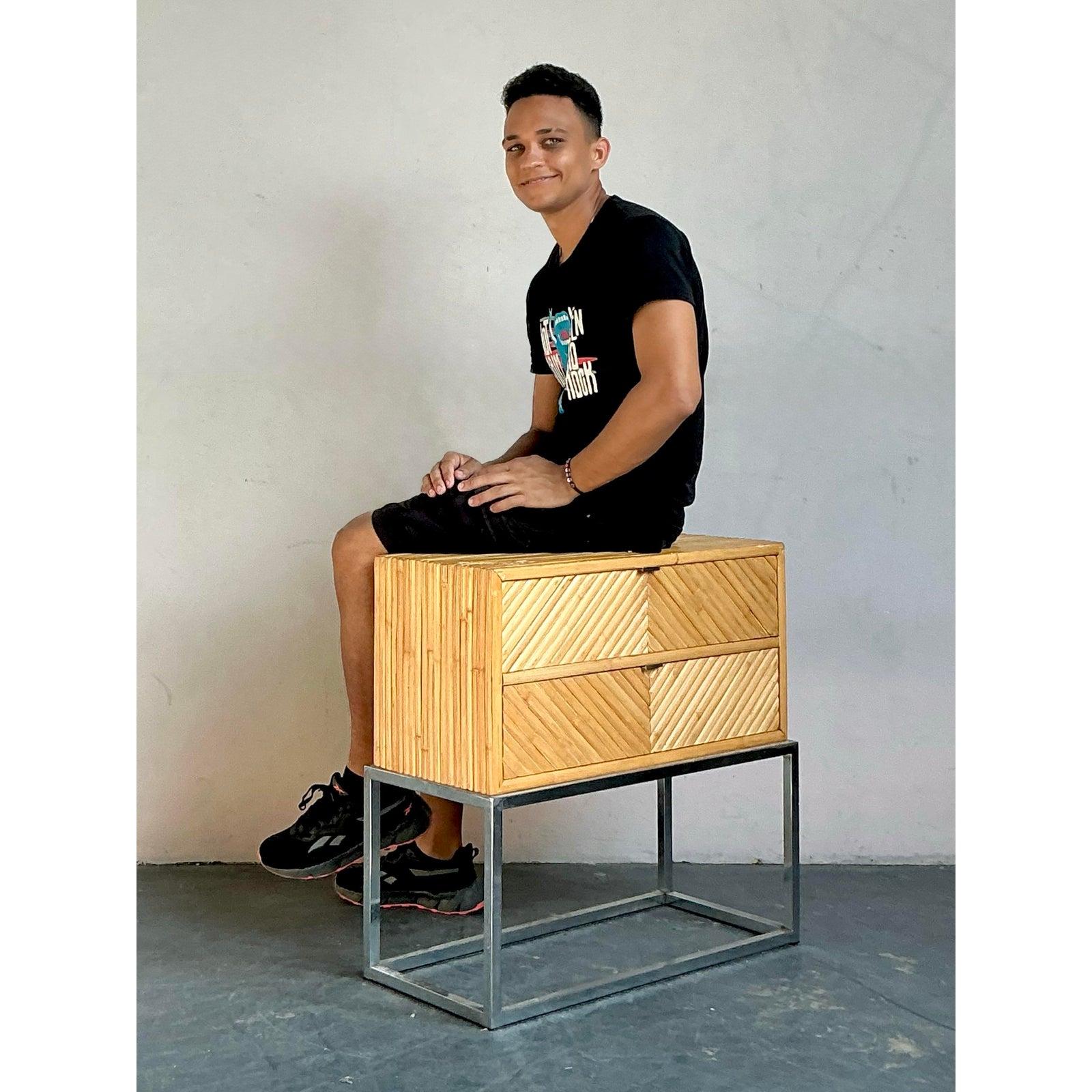 Vintage a Boho Chevron Split Bamboo Chest of Drawers in vendita 2