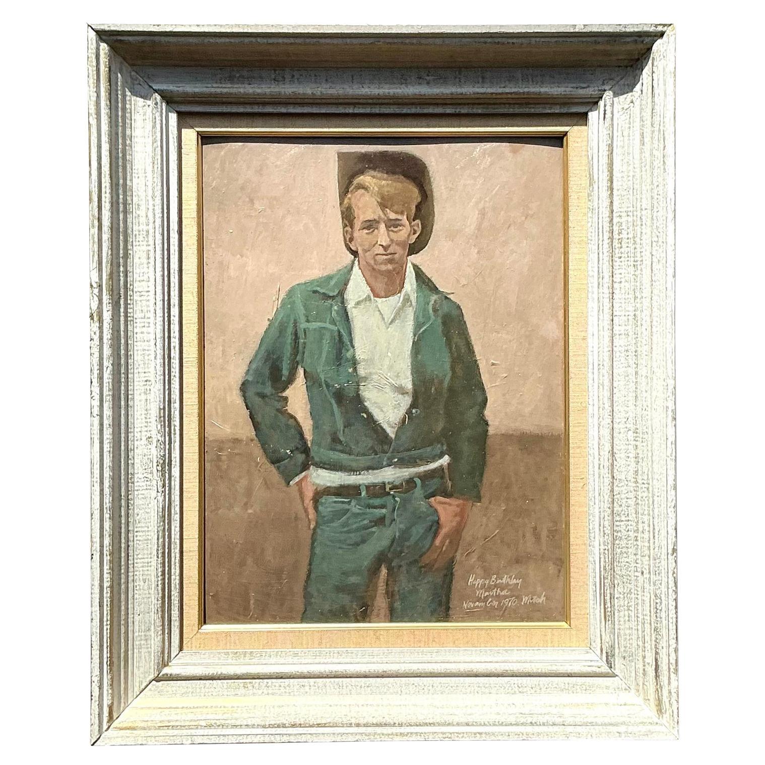 Vintage a Boho Original Oil Portrait of Cowboy