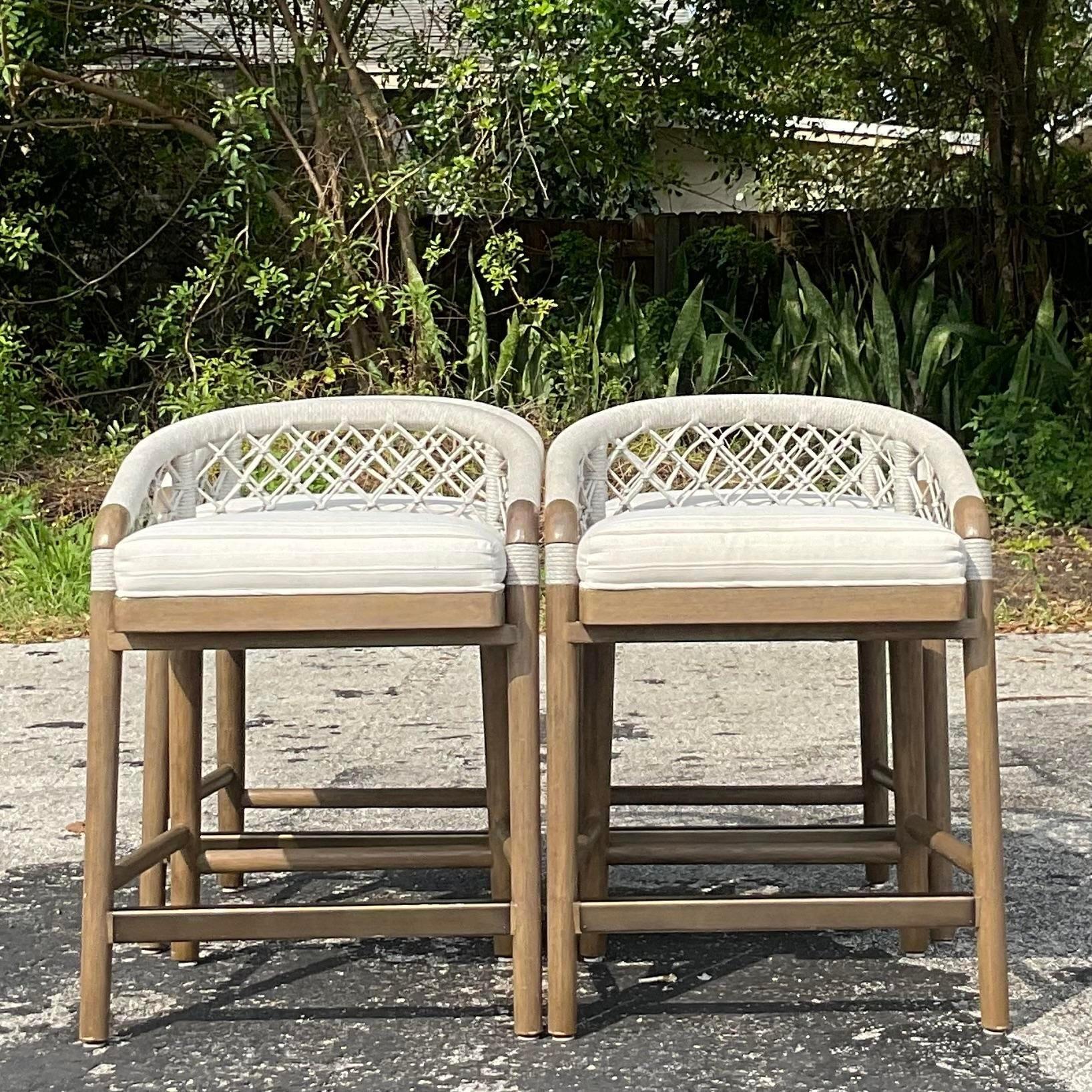 Vintage a Coastal Palecek “Otis” Rope Counter Stools - Set of 4 In Good Condition In west palm beach, FL