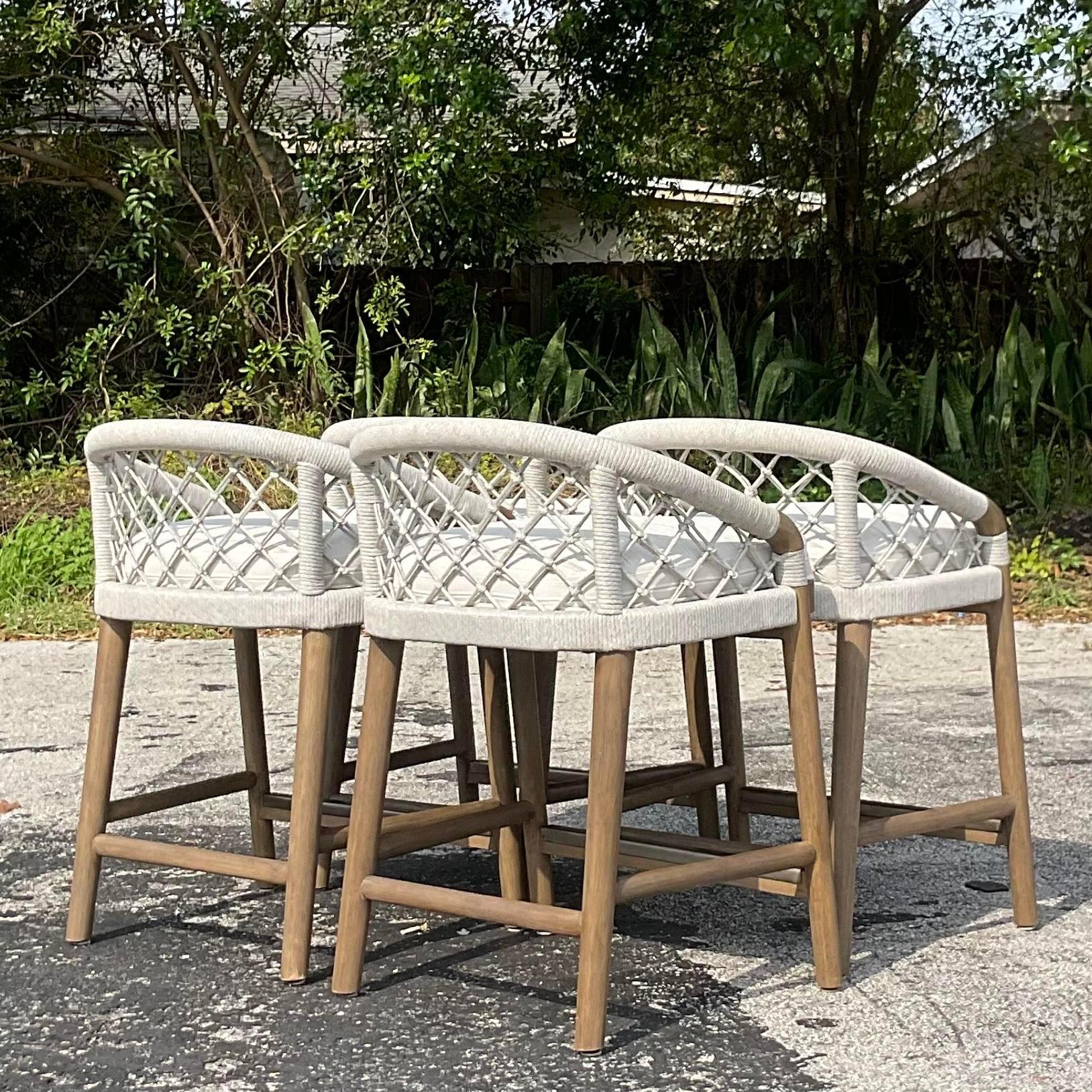 Indonesian Vintage a Coastal Palecek “Otis” Rope Counter Stools - Set of 4