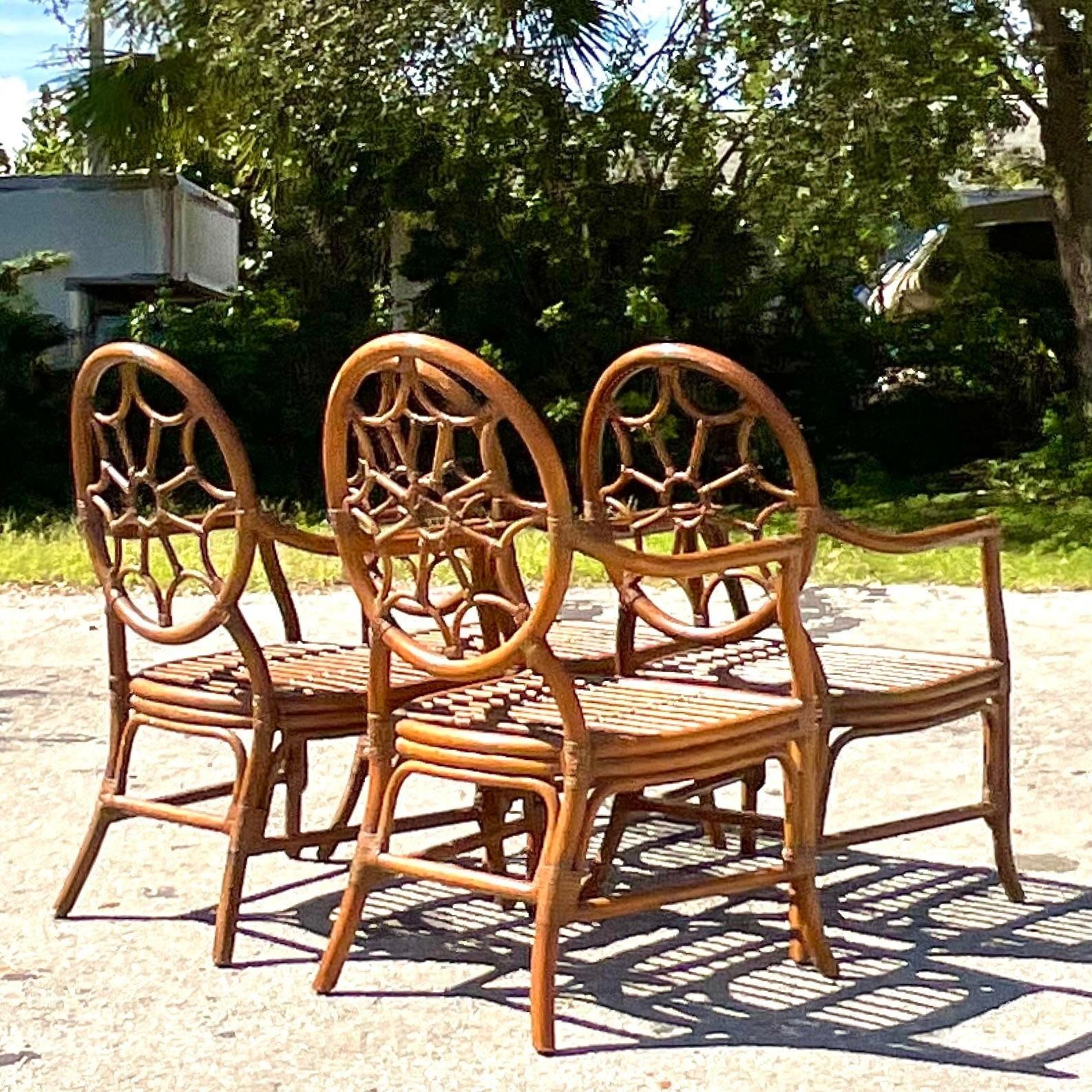 Philippine Vintage a Coastal Web Back Rattan Dining Chairs After McGuire - Set of 4