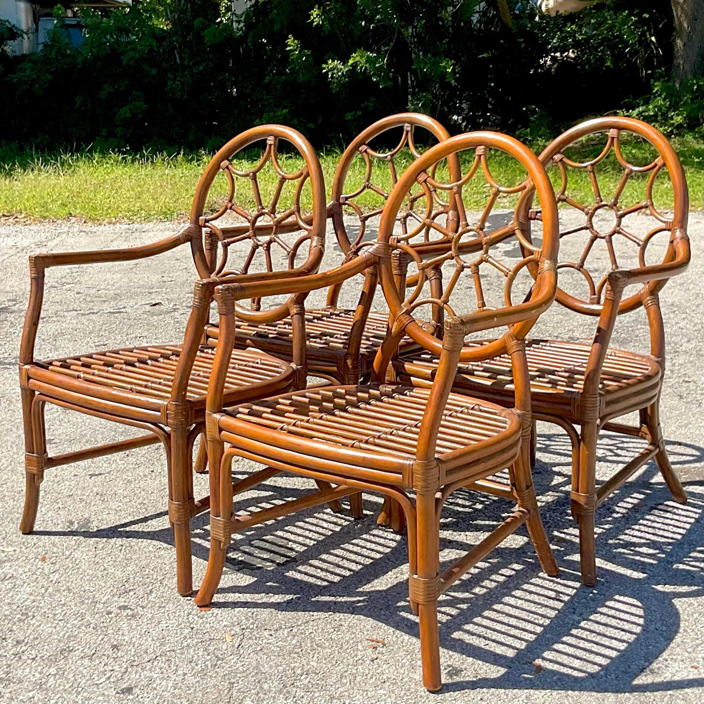 20th Century Vintage a Coastal Web Back Rattan Dining Chairs After McGuire - Set of 4
