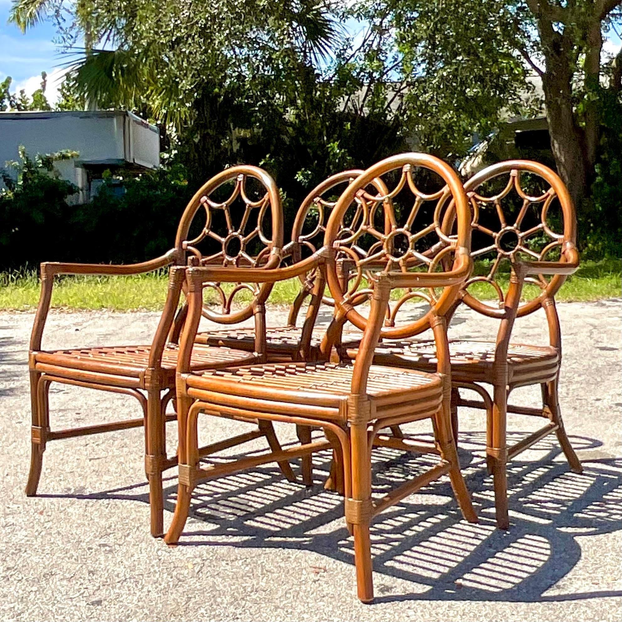 Vintage a Coastal Web Back Rattan Dining Chairs After McGuire - Set of 4 1