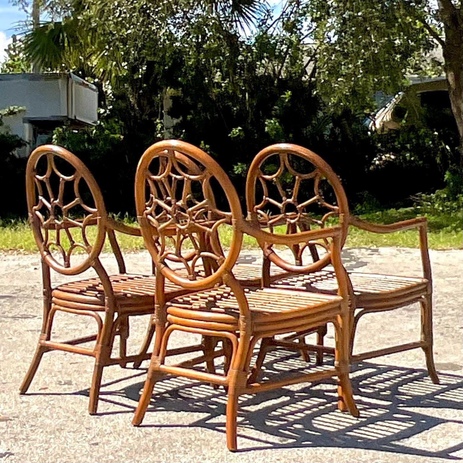 Vintage a Coastal Web Back Rattan Dining Chairs After McGuire - Set of 4 2