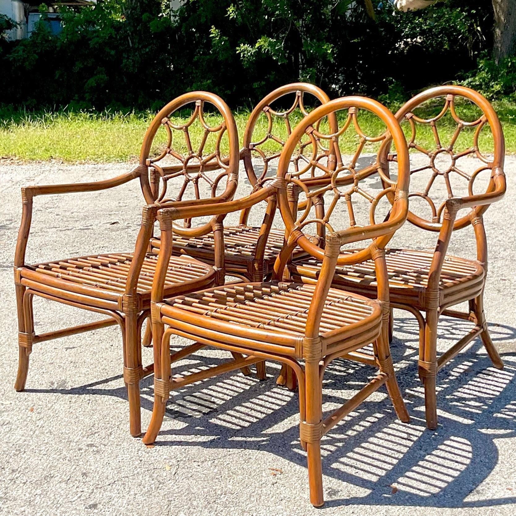 Vintage a Coastal Web Back Rattan Dining Chairs After McGuire - Set of 4 3