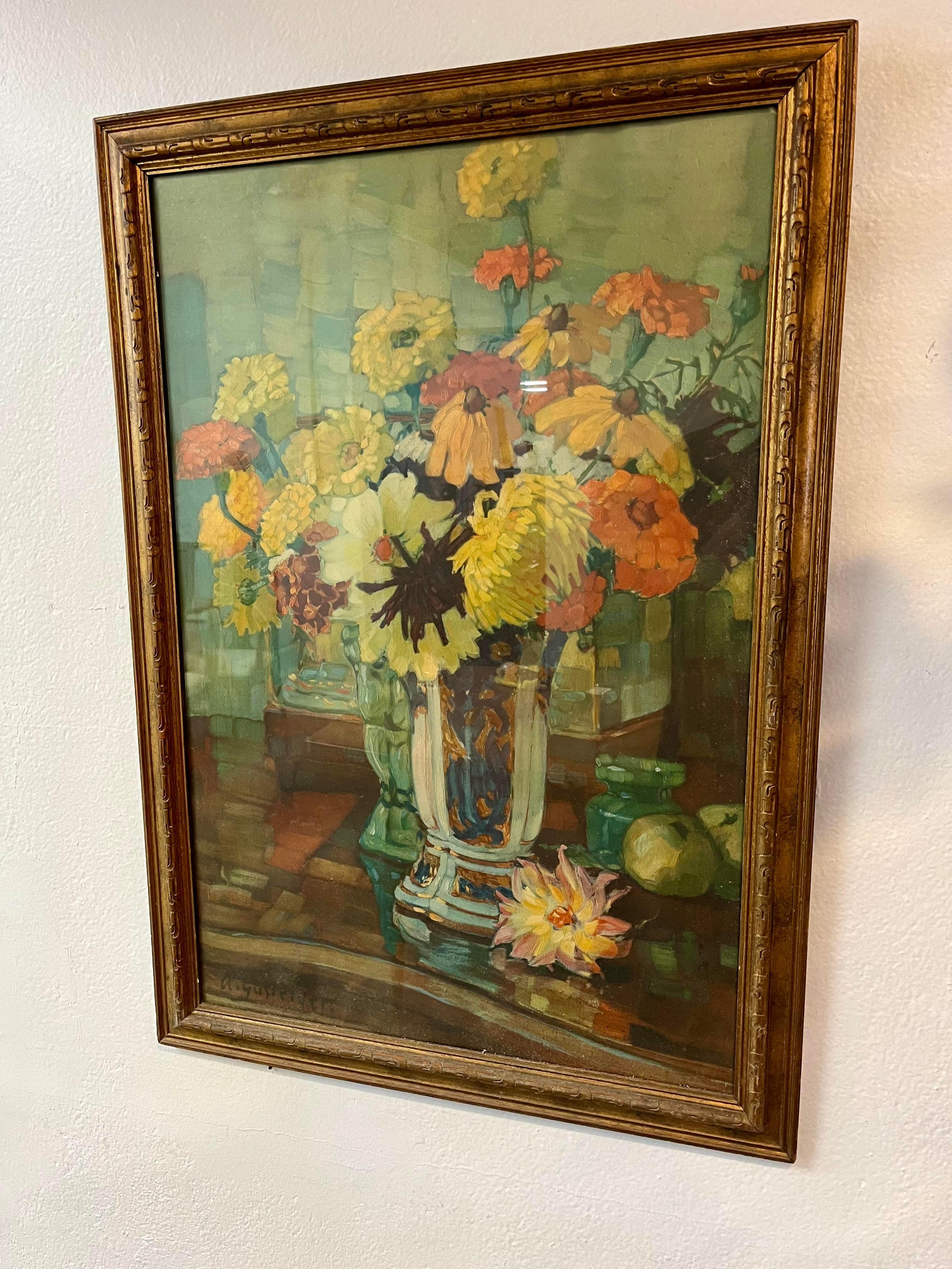 Belle Anna Gasteiger (1877-1954) 
Dahlias jaunes dans un vase bleu. 
Signé à la main en bas à gauche.
