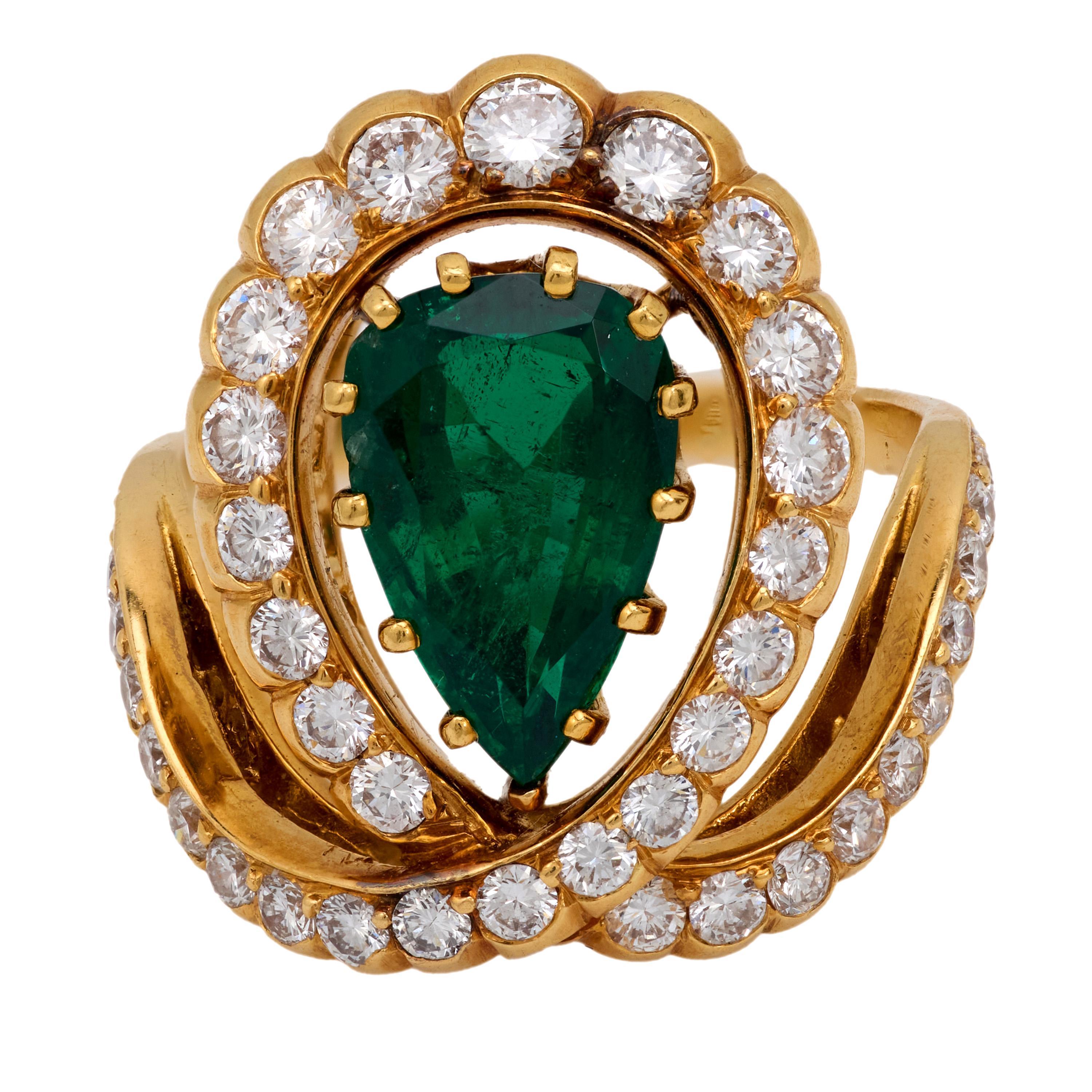 Anello cocktail d'epoca A. Reza con smeraldo e diamante da 1,90 carati in oro giallo 18k In condizioni buone in vendita a Beverly Hills, CA