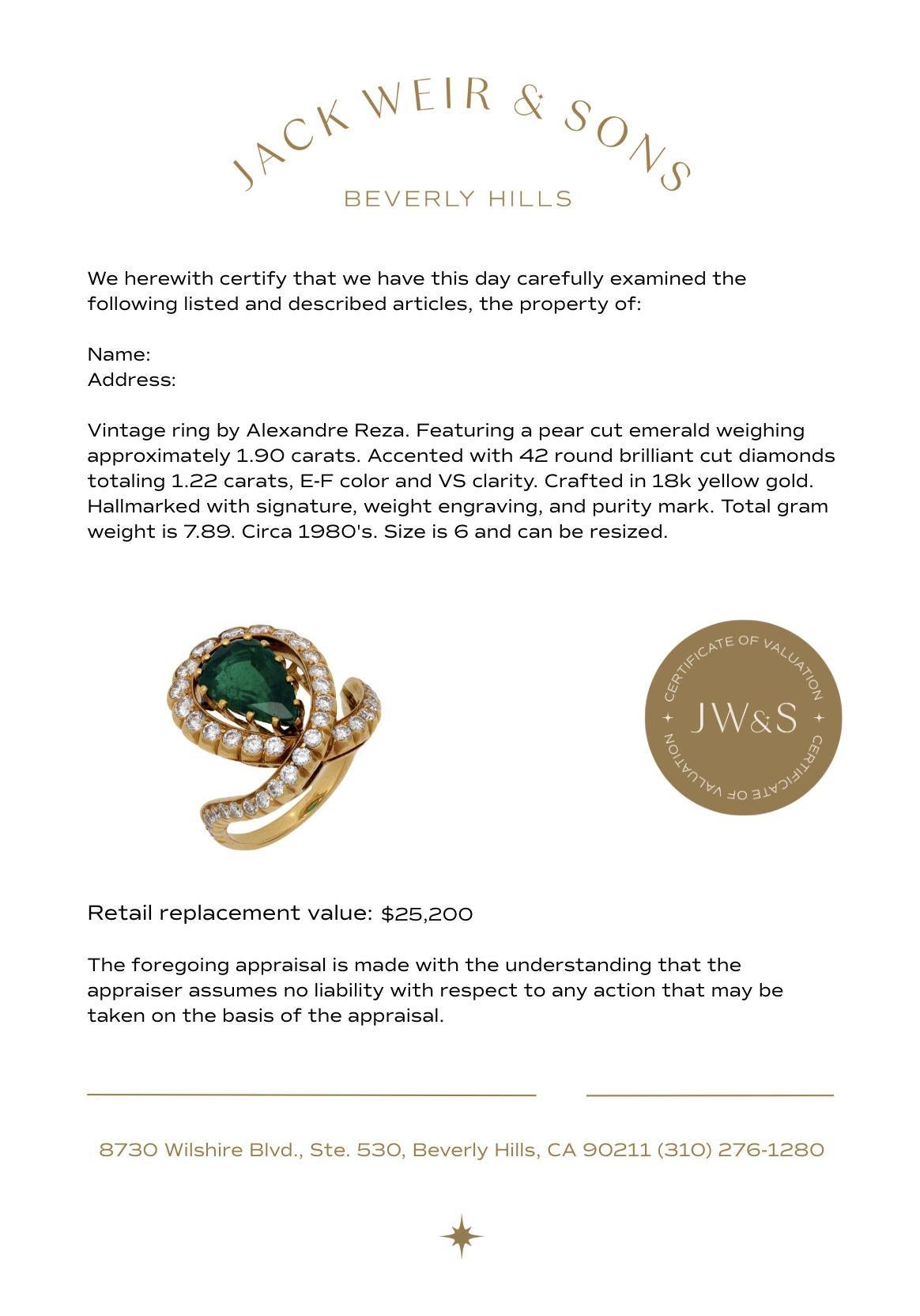 Donna Anello cocktail d'epoca A. Reza con smeraldo e diamante da 1,90 carati in oro giallo 18k in vendita