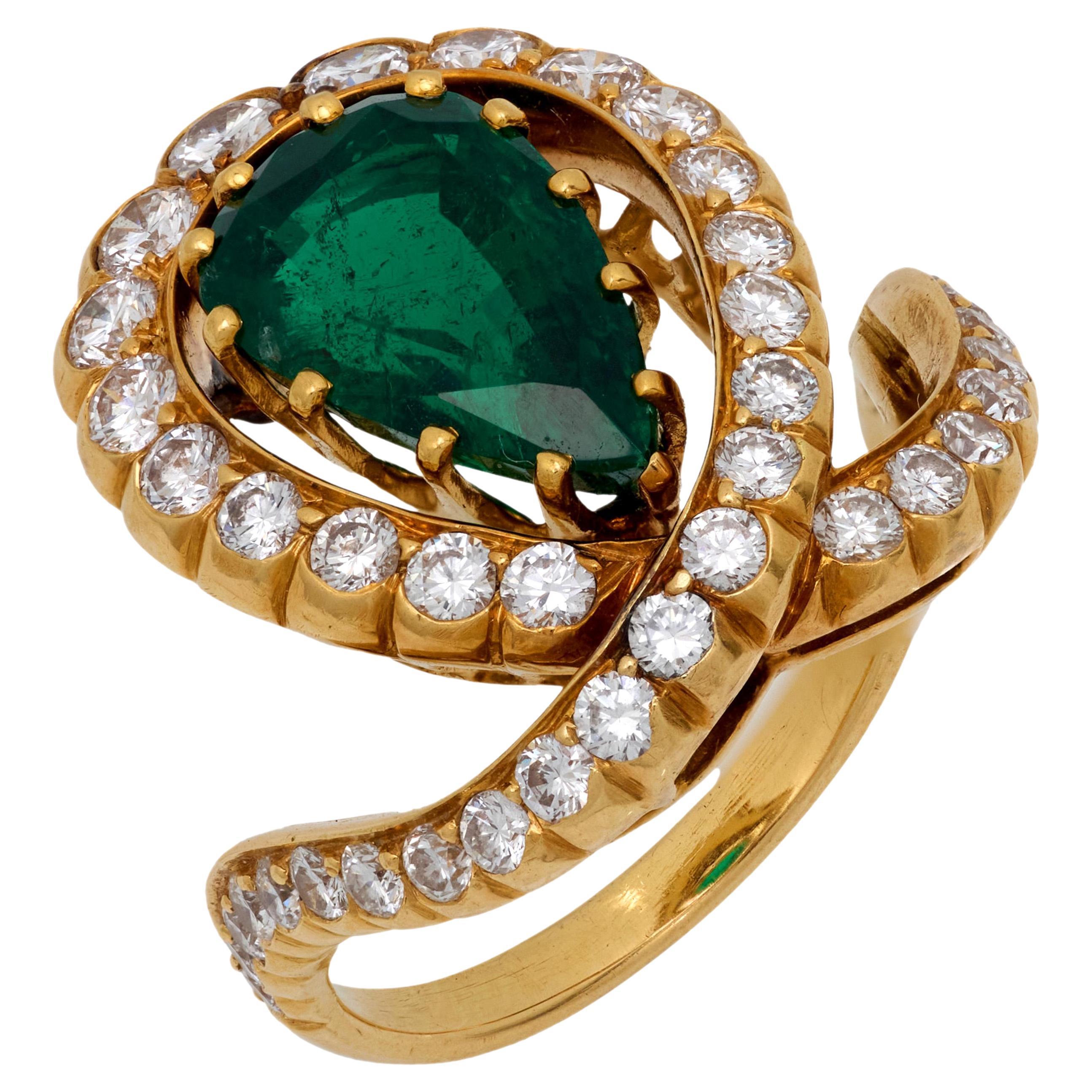 Anello cocktail d'epoca A. Reza con smeraldo e diamante da 1,90 carati in oro giallo 18k in vendita
