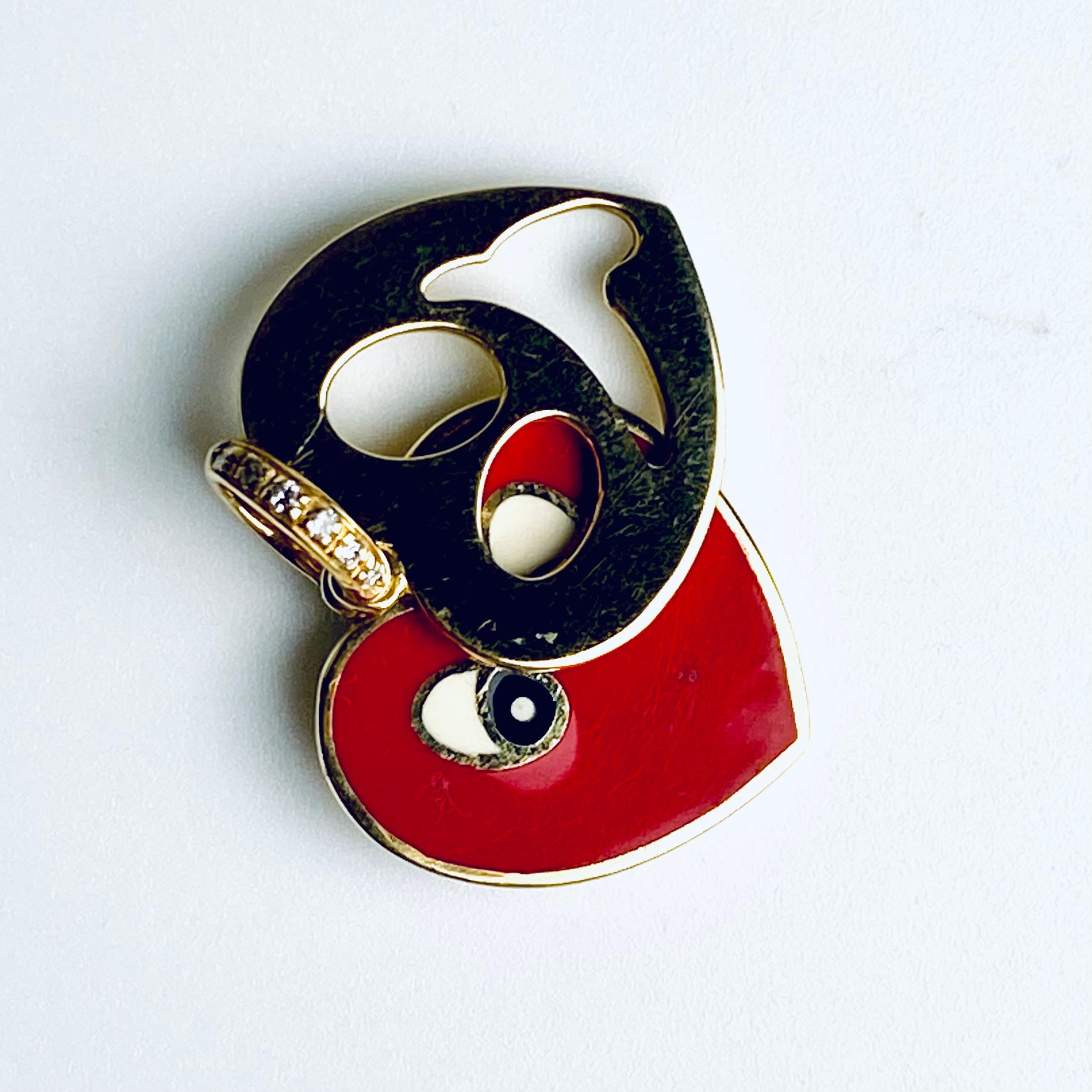 Aaron Basha Pendentif breloque cœur fantaisiste vintage en or jaune 18 carats, diamants et émail en vente 7
