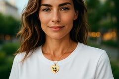 Vintage Aaron Basha, ciondolo a forma di cuore stravagante in oro giallo 18 carati con diamanti e smalto