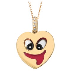 Vintage Aaron Basha 18K Yellow Gold Diamond Enamel Whimsical Heart Charm Pendant
