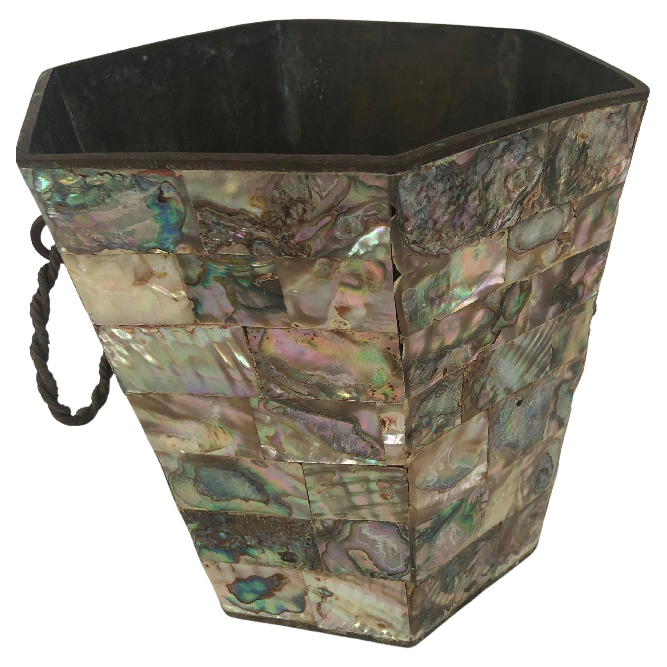 Vintage Hexagonal Form Mexican Abalone and Brass Ice Bucket with Tongs and twisted ring handles. Colorful individual tiles of abalone adorn the metal bucket. 