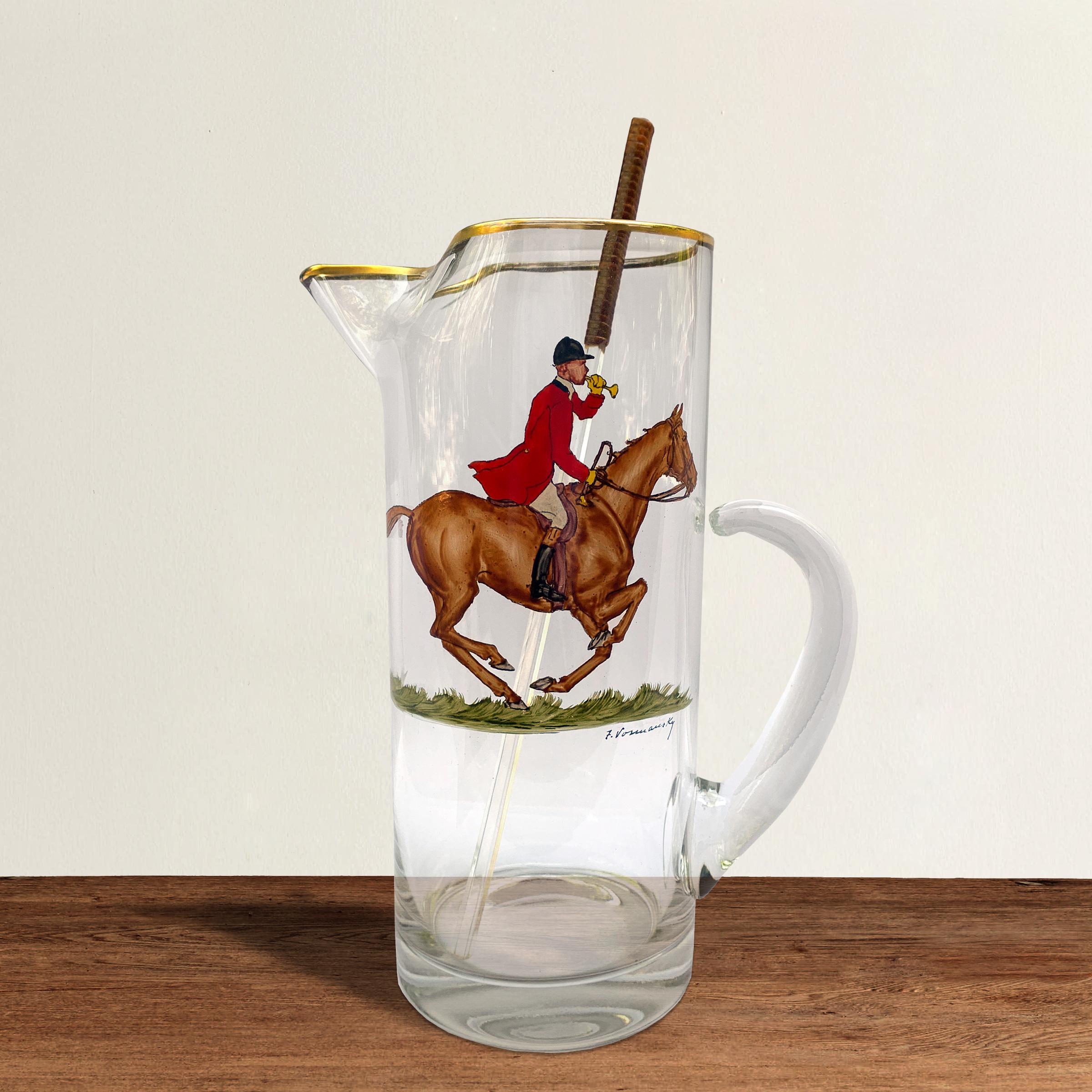 A wonderful vintage glass drinks pitcher with a hand painted mounted hunt master with Horn in hand, with a leather wrapped Lucite stir stick. This pitcher was purchased at the original Abercrombie & Fitch in NYC in the 1960s.