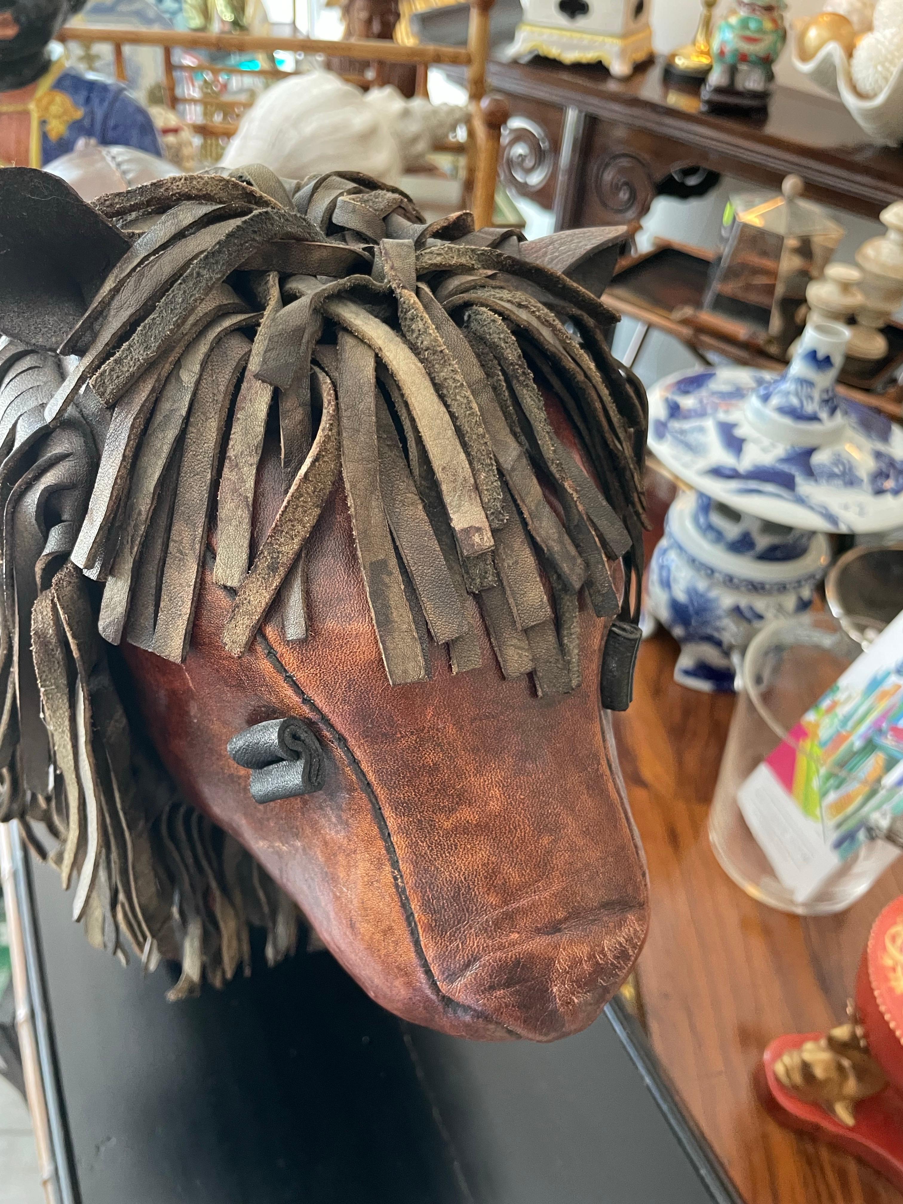 Vintage Abercrombie & Fitch Leather Lion Footstool by Dimitri Omersa For Sale 1