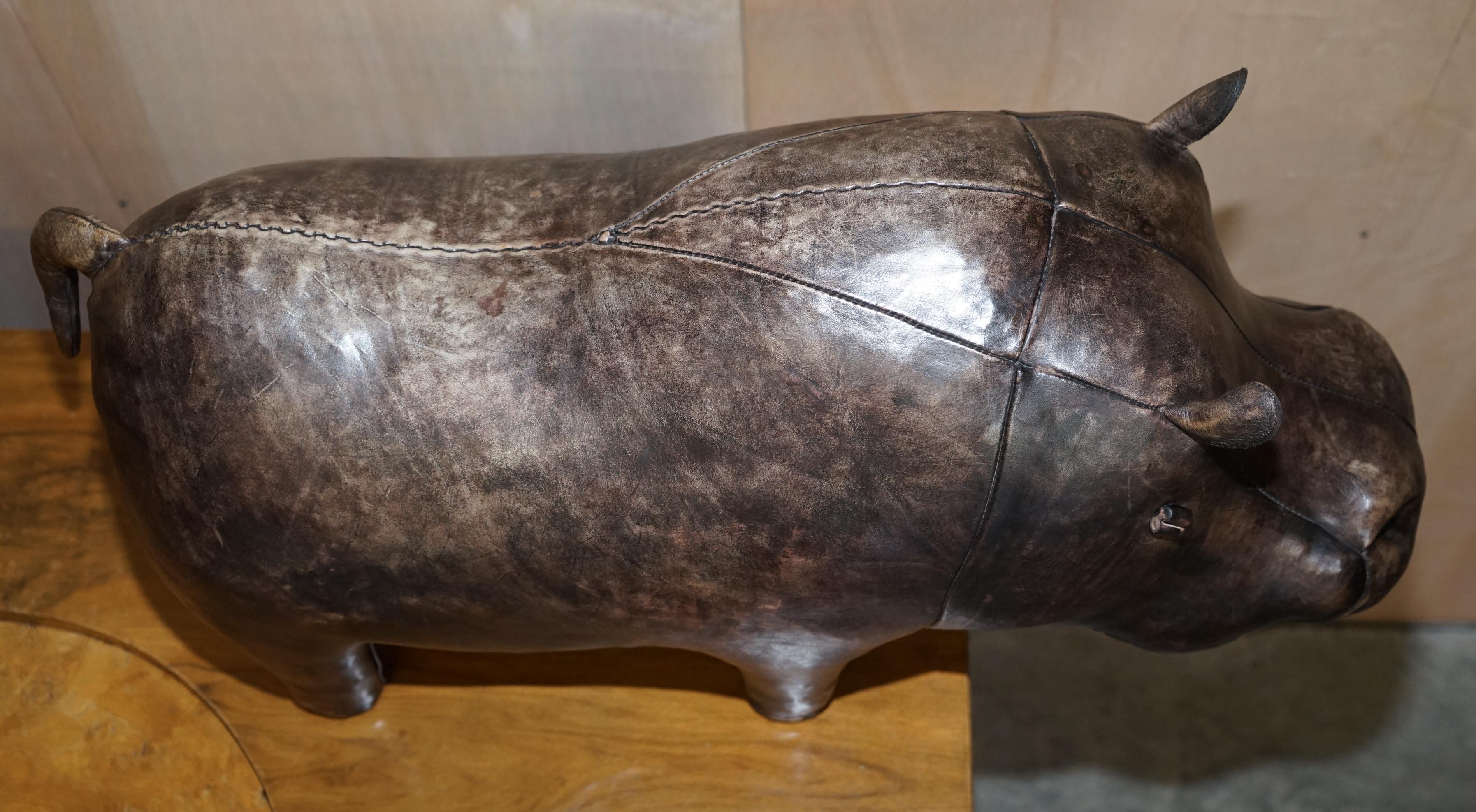 European Vintage Abercrombie & Fitch Omersa Hippo Brown Leather Footstool Hippopotamus