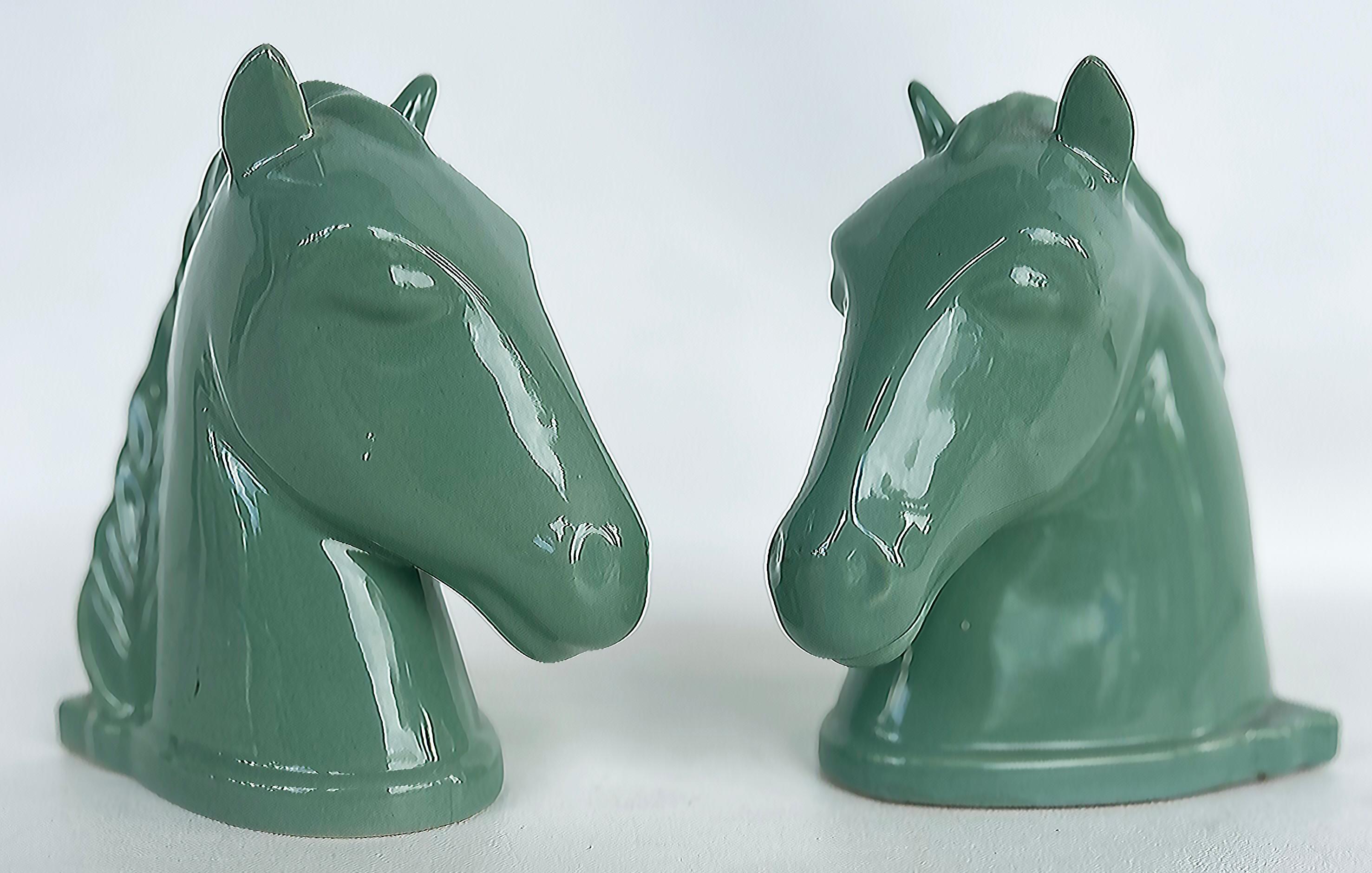 Mid-Century Modern Vintage Abingdon USA Ceramic Horse Head Bookends with Labels, Pair  For Sale