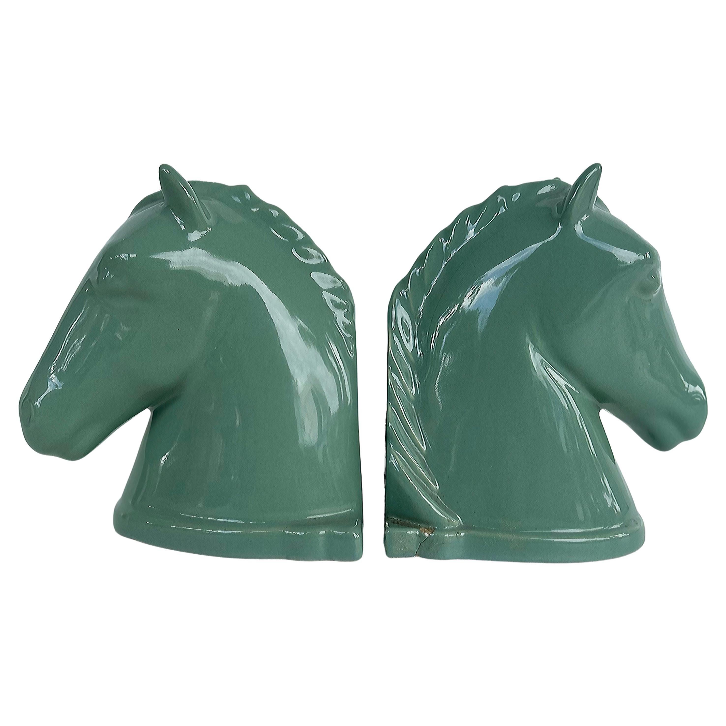 Vintage Abingdon USA Ceramic Horse Head Bookends with Labels, Pair  For Sale