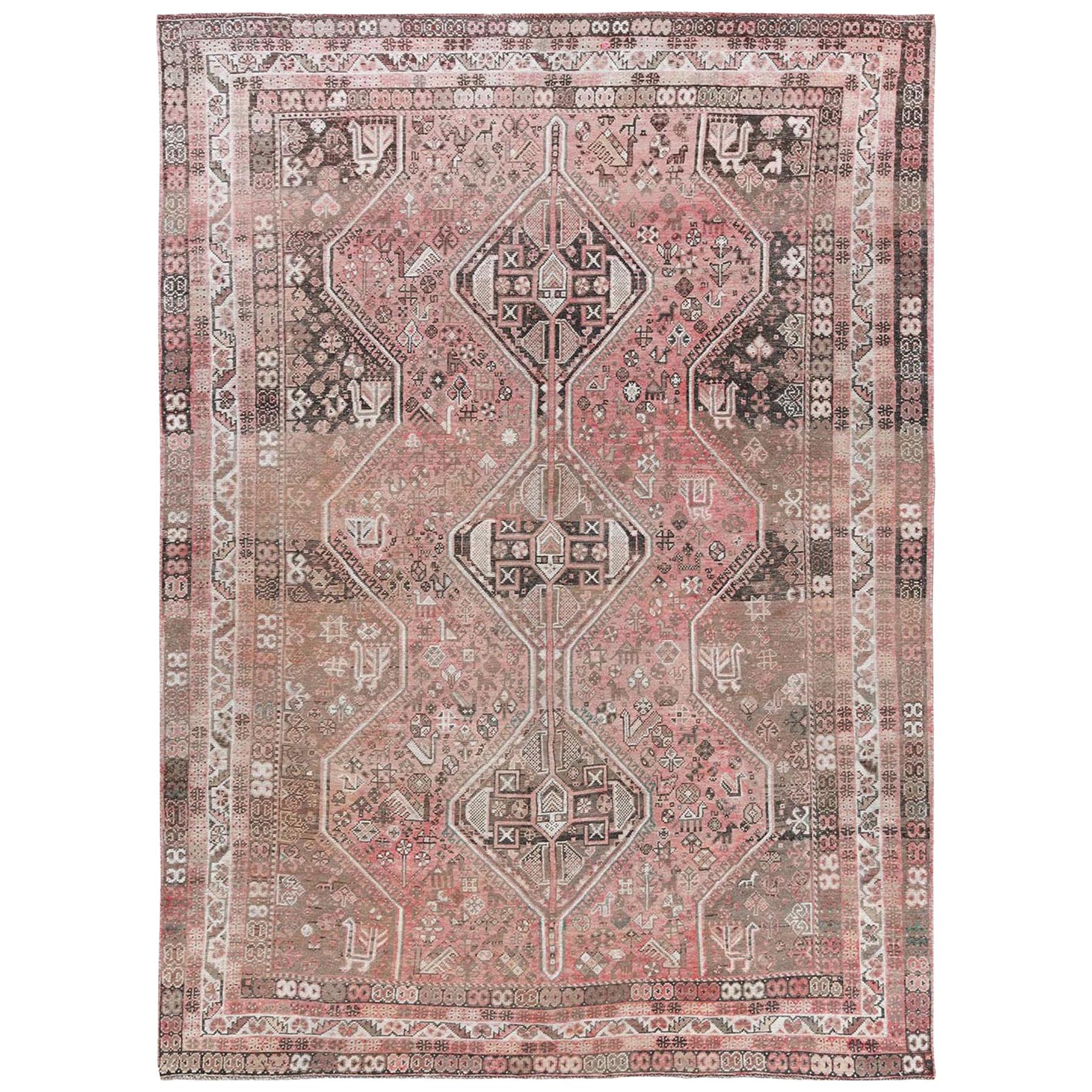 Vintage Abrash Cropped Thin Persian Shiraz Clean Hand Knotted Rug