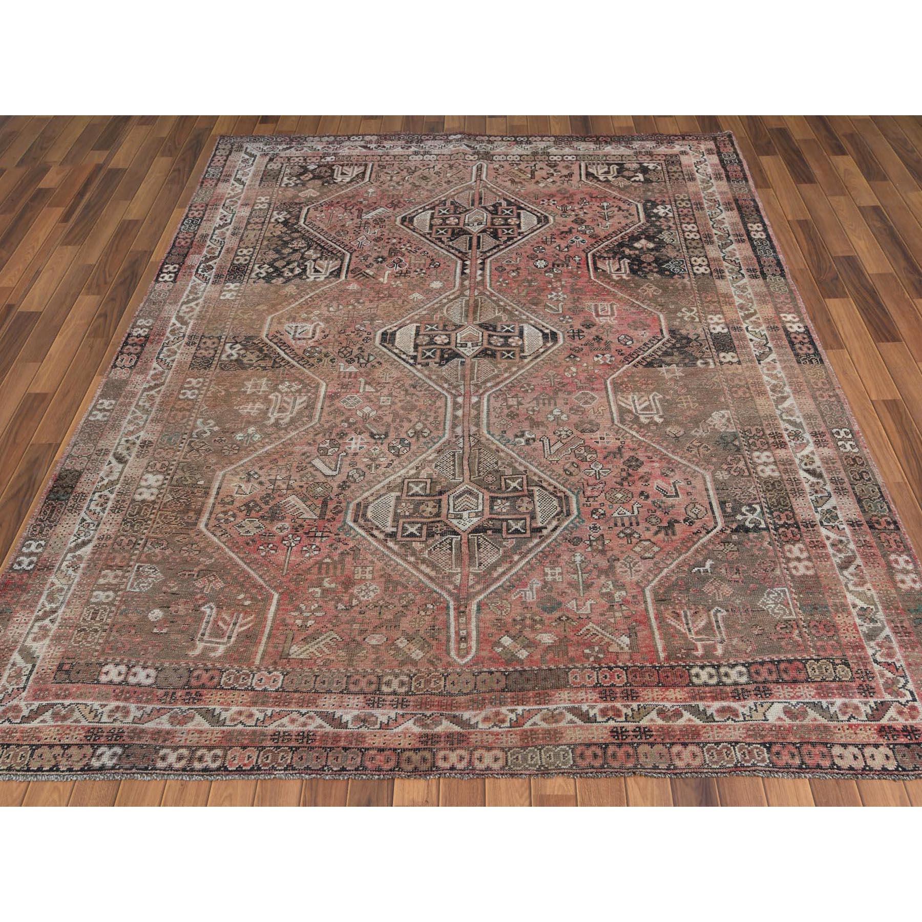 Medieval Vintage Abrash Cropped Thin Persian Shiraz Clean Hand Knotted Rug