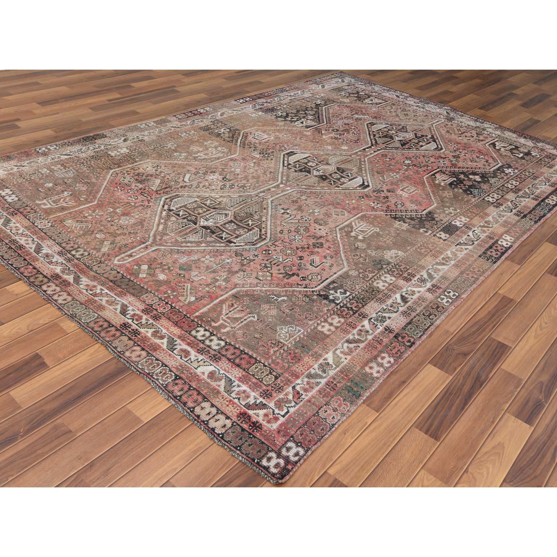 Hand-Knotted Vintage Abrash Cropped Thin Persian Shiraz Clean Hand Knotted Rug