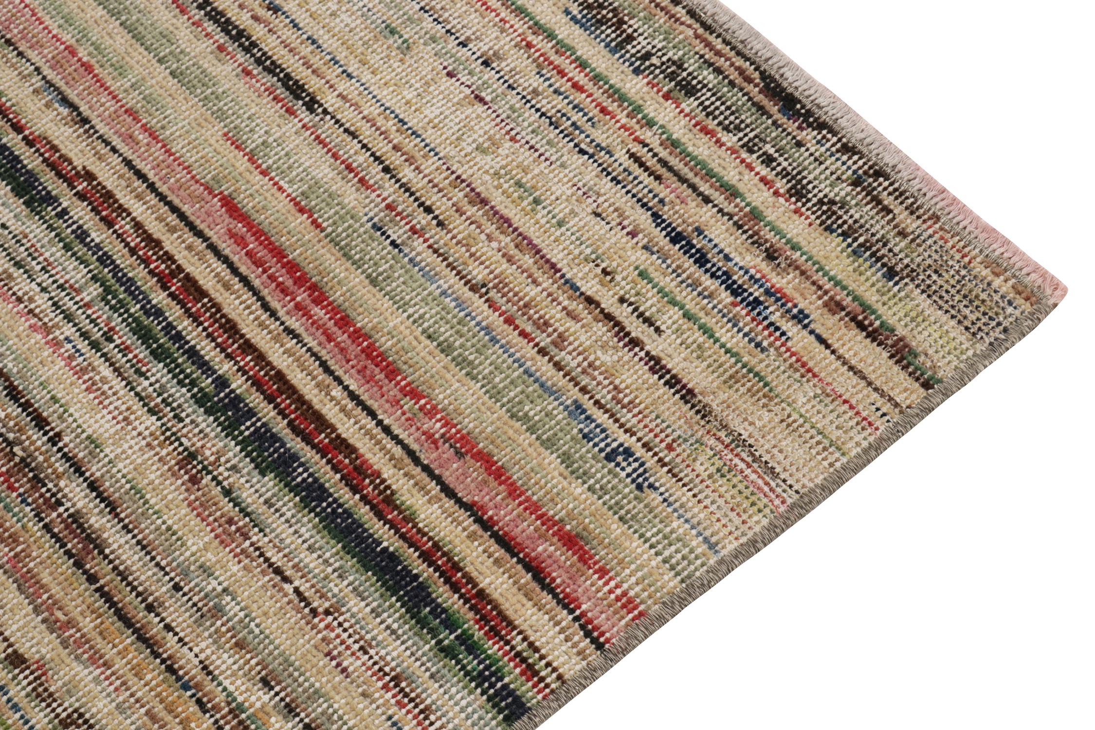 Vintage Abrashed Runner in Distressed Beige, Multicolor Stripe by Rug & Kilim In Good Condition For Sale In Long Island City, NY