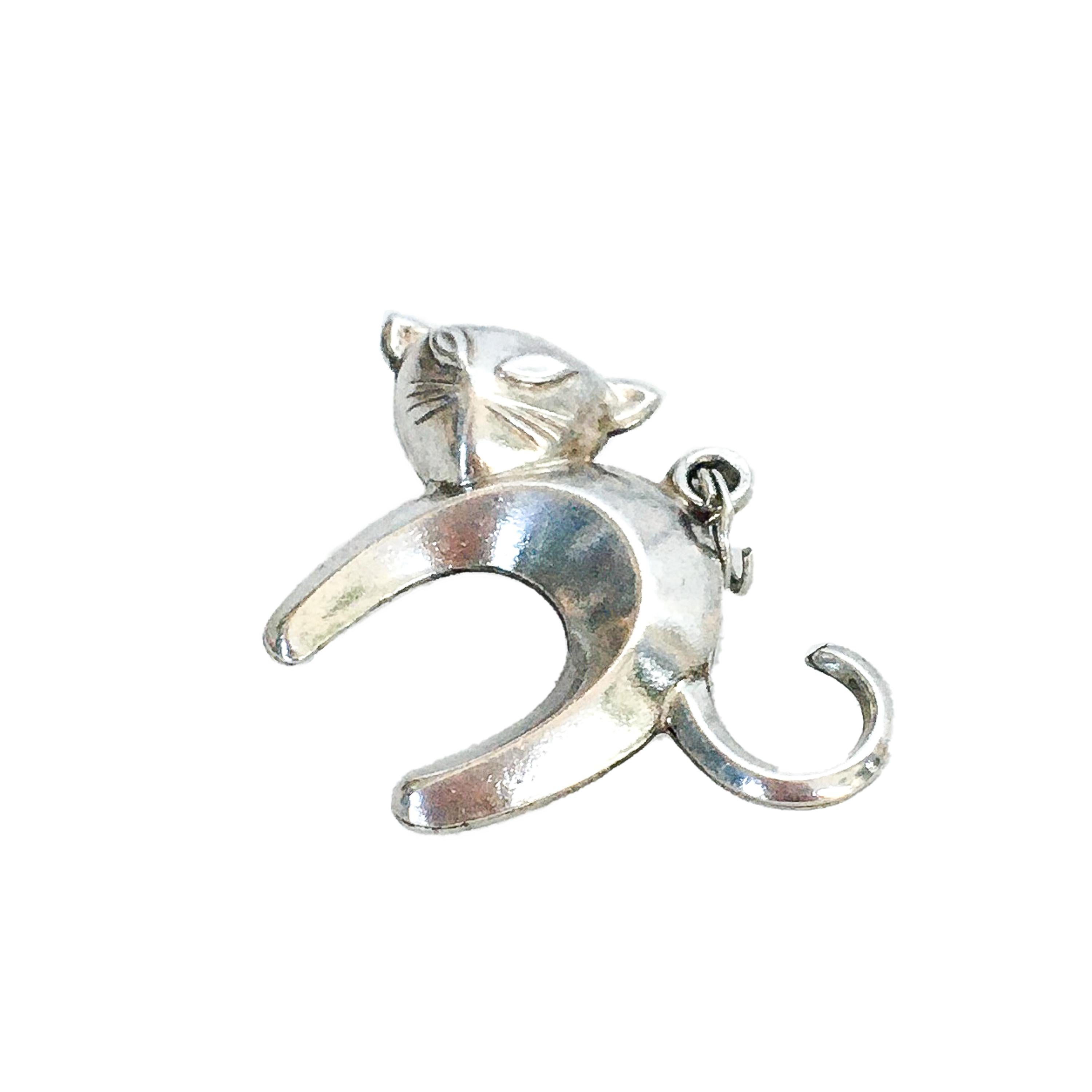 Women's or Men's Vintage Abstract Arched Cat Silver Charm Pendant