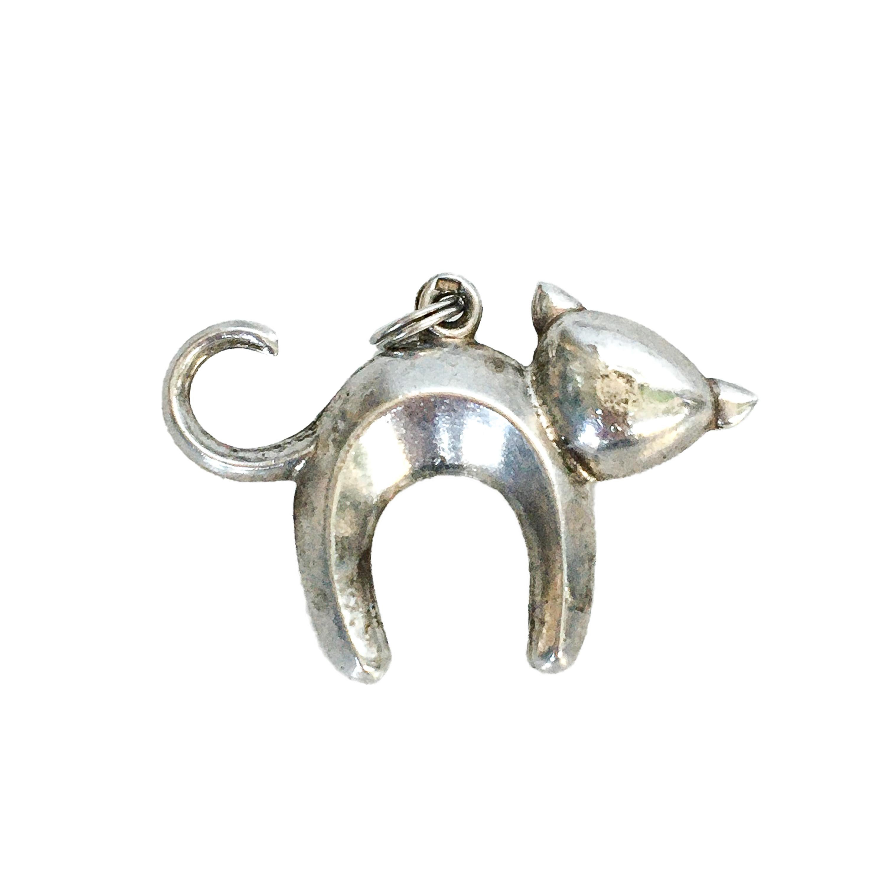 Vintage Abstract Arched Cat Silver Charm Pendant 1