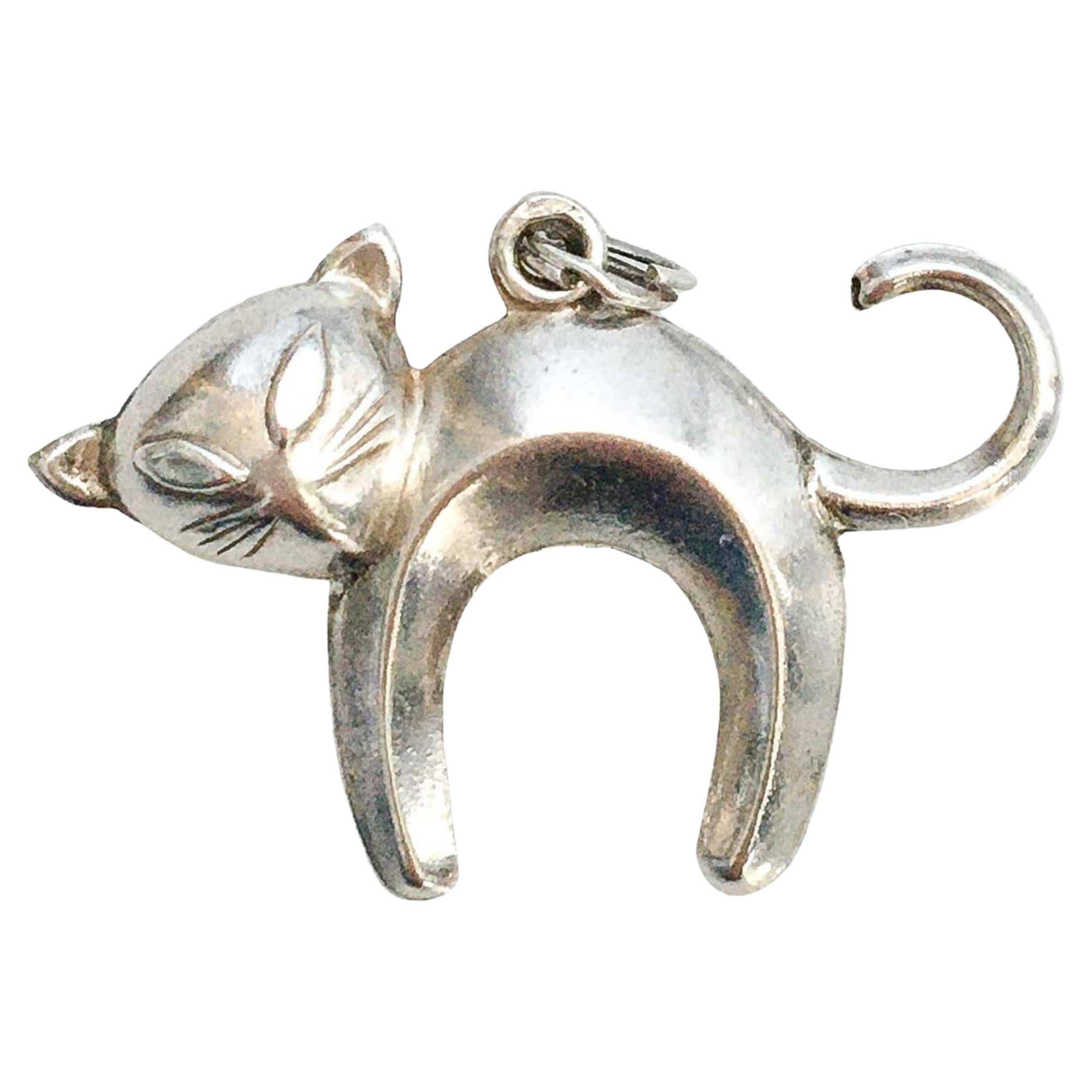 Vintage Abstract Arched Cat Silver Charm Pendant