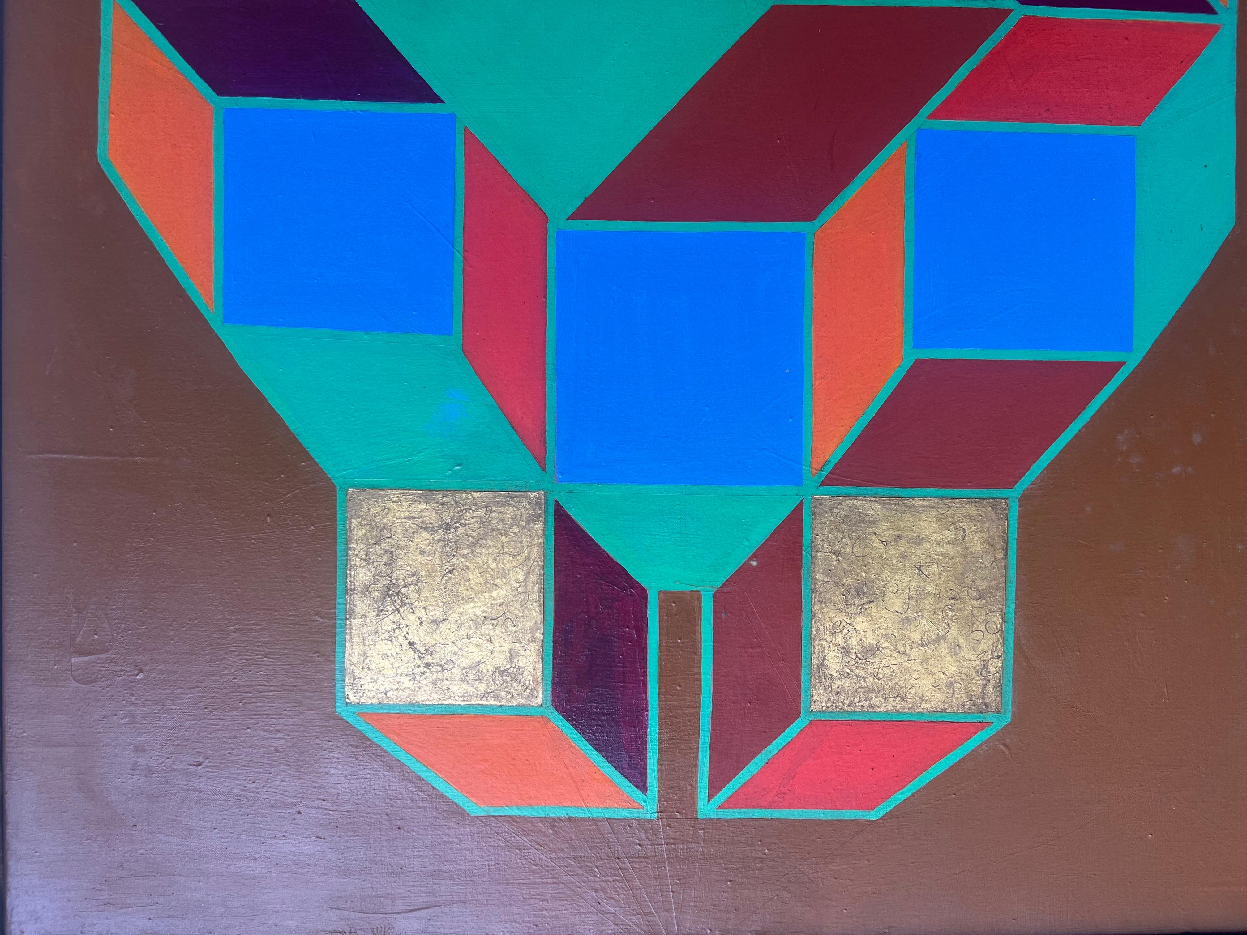Vintage geometric artwork on canvas. Signed Claudia Carrel both front and back as pictured. We are assuming this piece was painted by the mid-century artist Claudia Carrel, b. 1921, whom was well known for her puzzle designs as the name and style