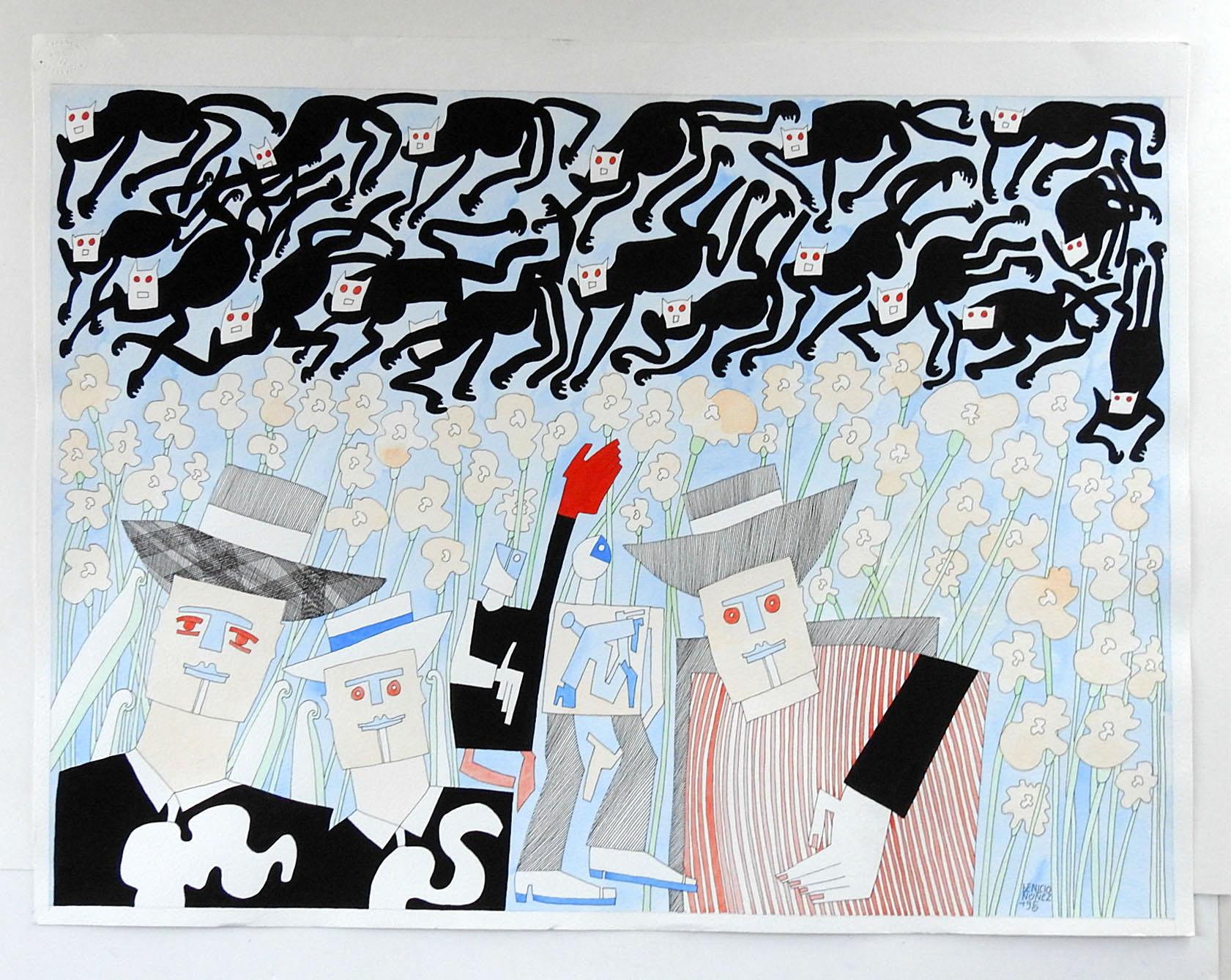 1995 abstract watercolor on paper Spring With Black Cats by Beneicio Nunez (20th century) Argentina. Signed and dated lower right corner, titled Primavera Con Gatos Negros on verso.  Unframed.