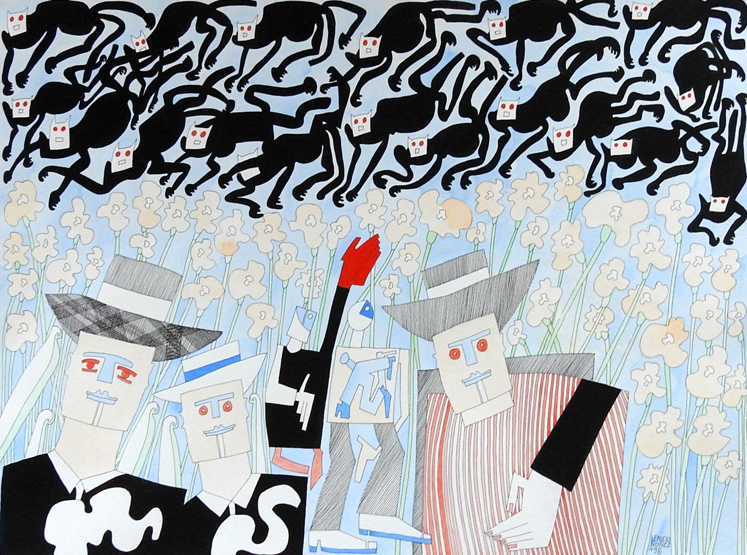 Modern Vintage Abstract Black Cats by Benicio Nunez Painting For Sale