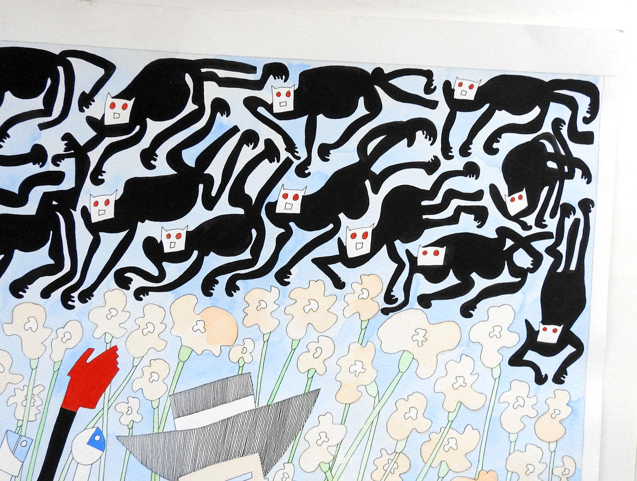 Painted Vintage Abstract Black Cats by Benicio Nunez Painting For Sale