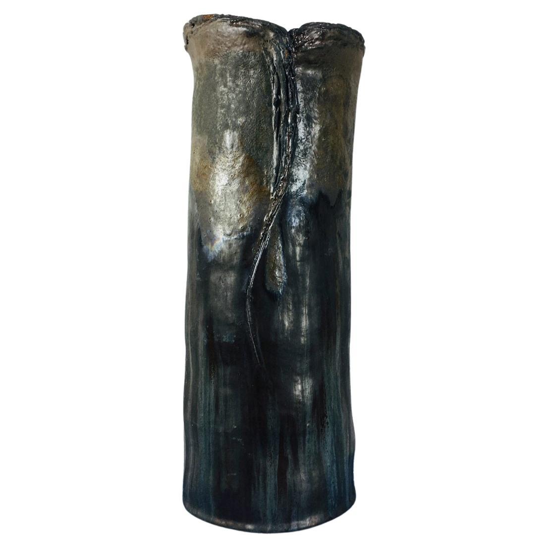 Vintage Abstract Black Glazed Ceramic Vase For Sale at 1stDibs