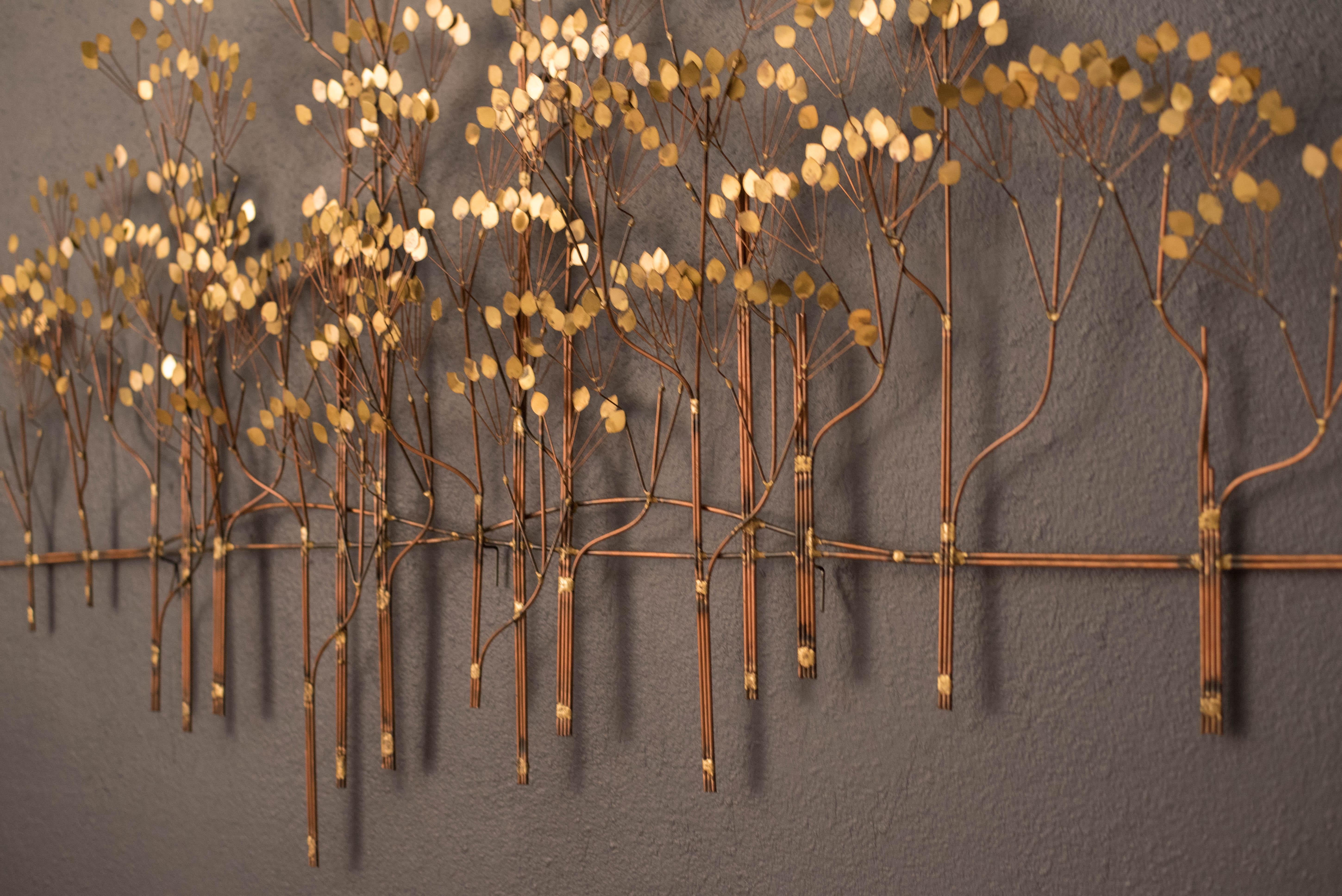 Vintage Abstract Brass Elm Trees Hanging Wall Art Sculpture by Curtis Jere In Good Condition In San Jose, CA