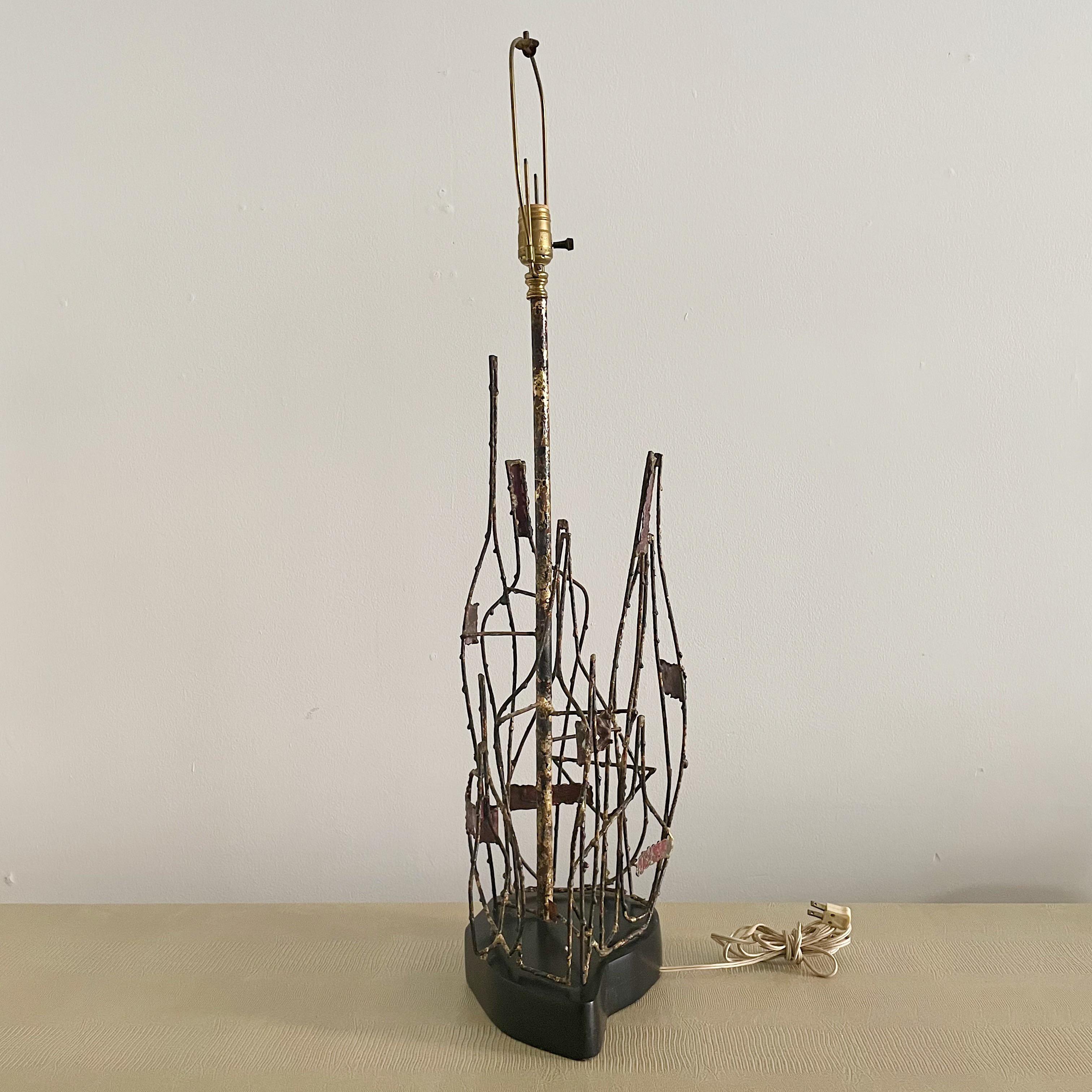 Italian Vintage Abstract Brutalist Mixed Metal Signed Marcello Fantoni Table Lamp For Sale