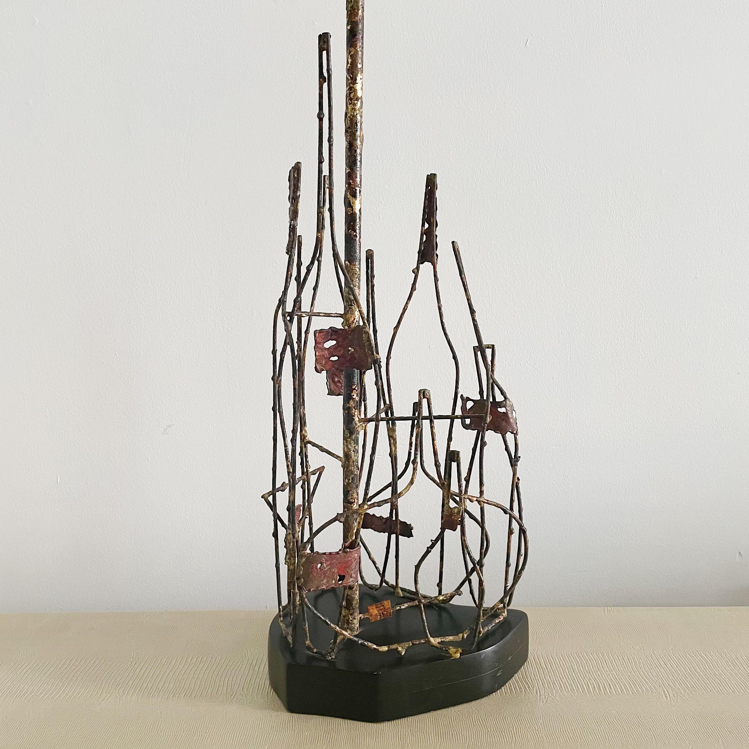 Hand-Painted Vintage Abstract Brutalist Mixed Metal Signed Marcello Fantoni Table Lamp For Sale