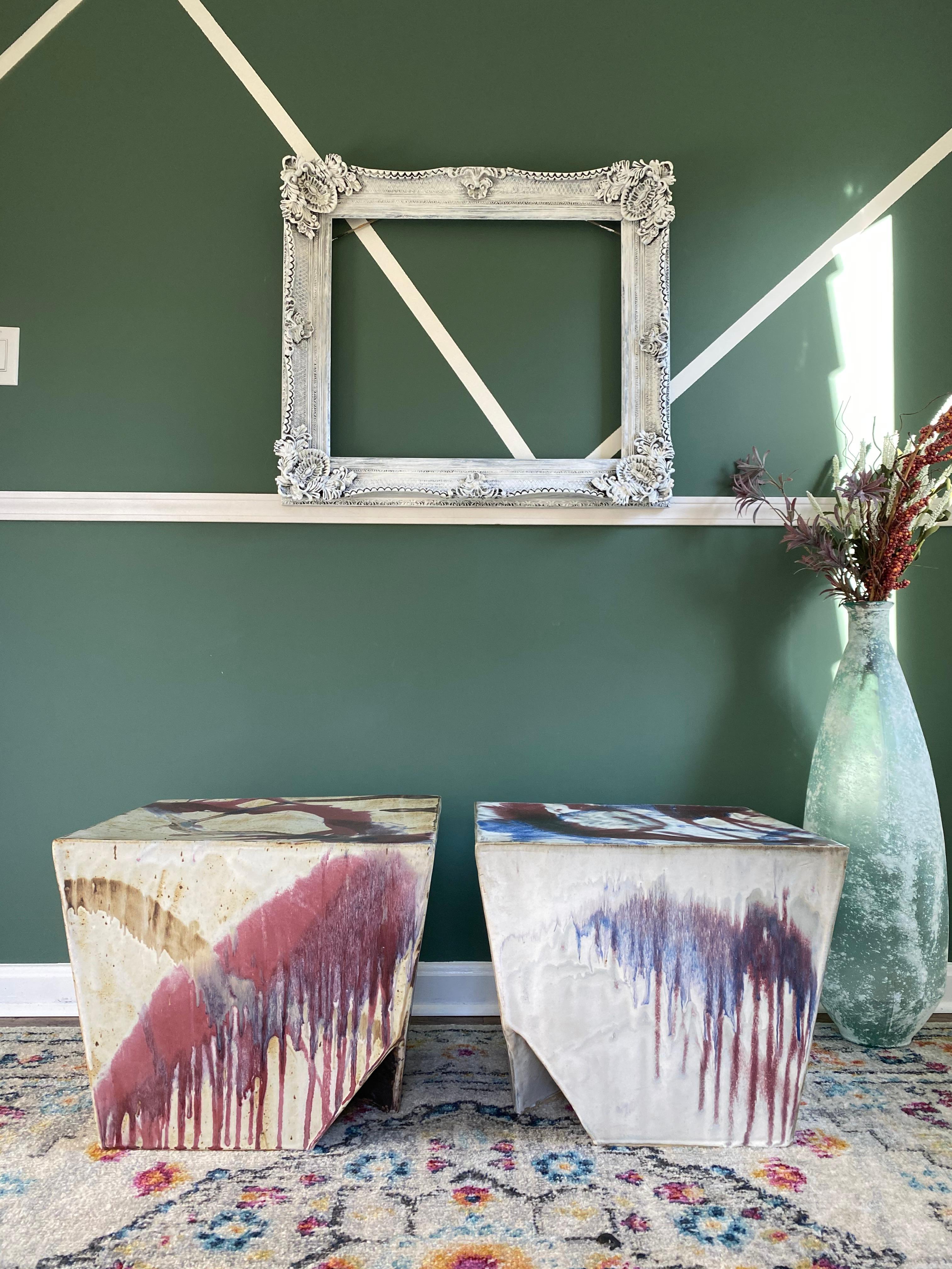 Amazing pair of vintage abstract ceramic plinth stools or side tables. They are in great condition, only holds scratches due to age, please see photos. The stools/side tables do have a bit of a difference in color, which are shown in the photos. The