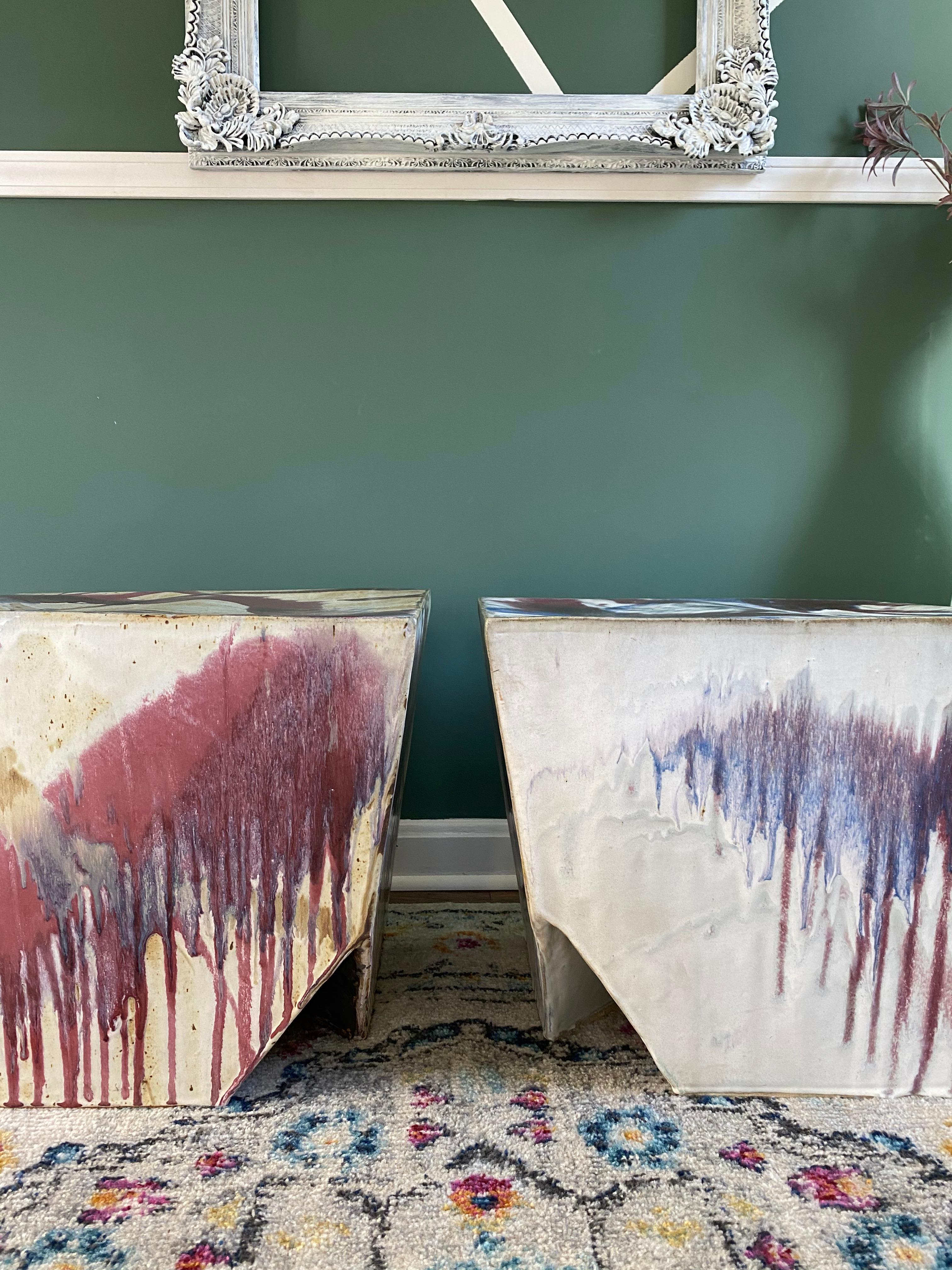 Post-Modern Vintage Abstract Ceramic Plinth Stools or Side Tables, Pair For Sale