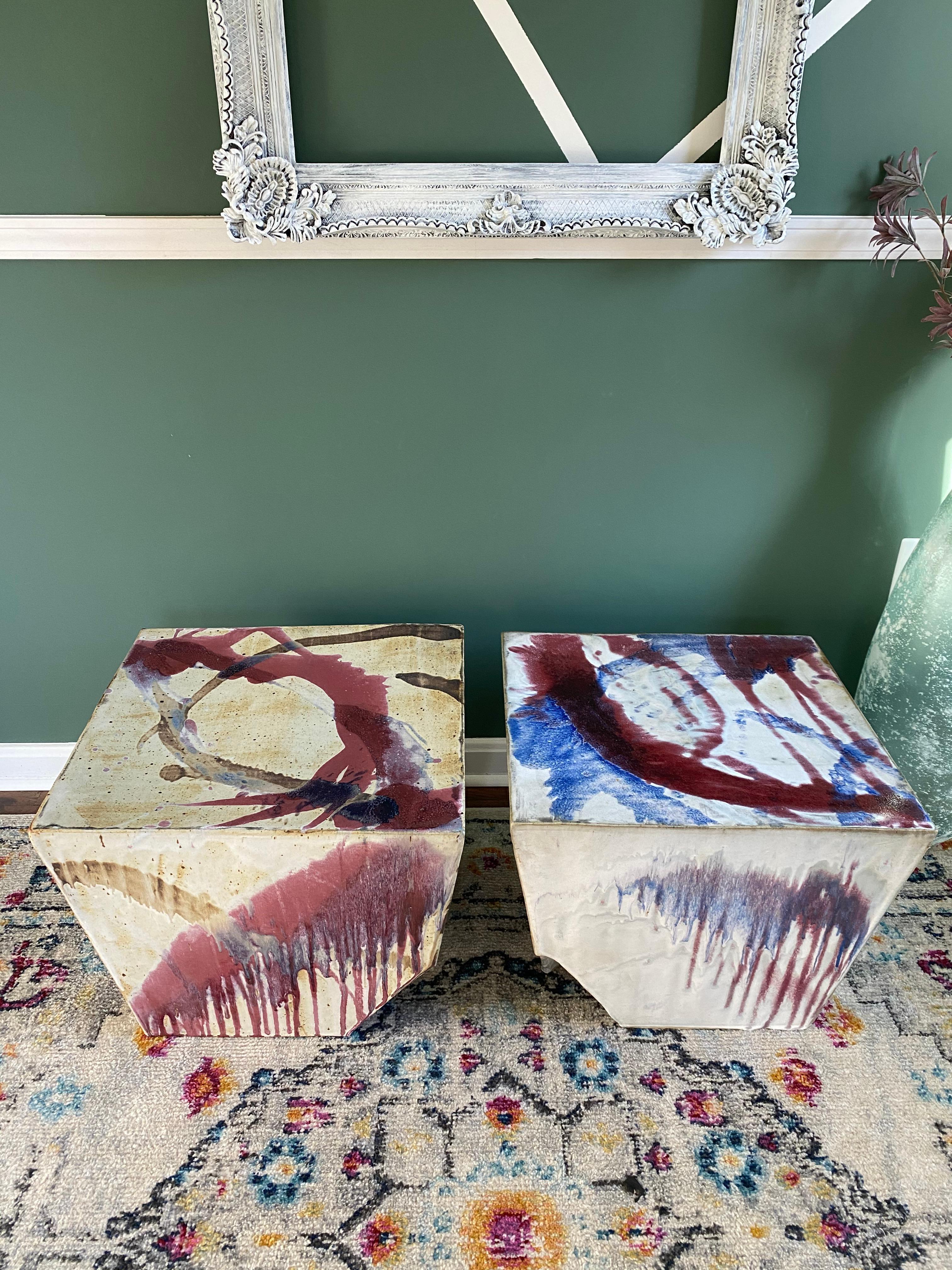 Vintage Abstract Ceramic Plinth Stools or Side Tables, Pair In Good Condition For Sale In Medina, OH