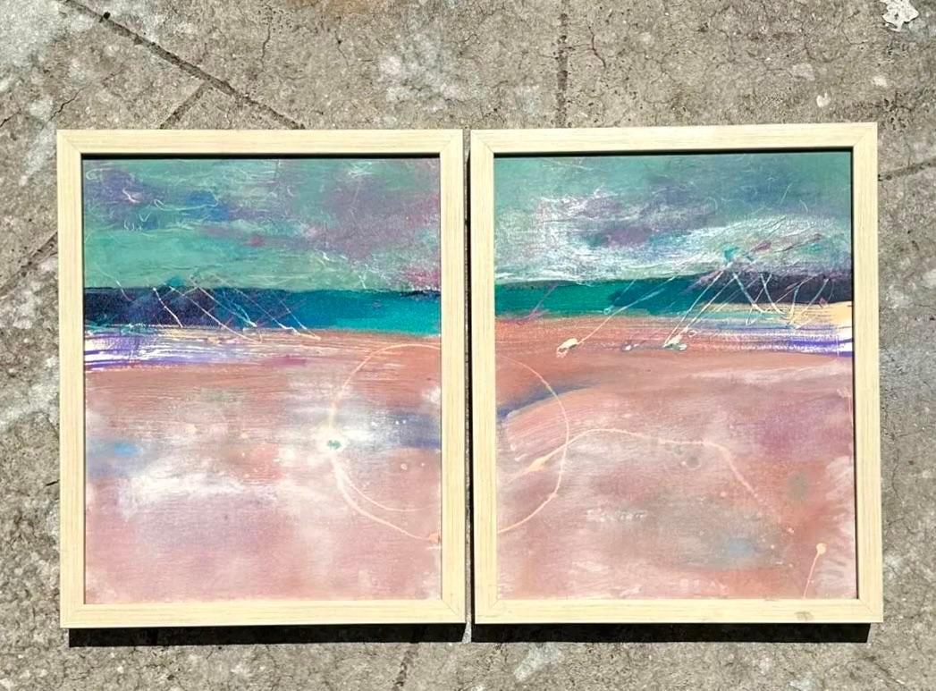 Abstrakte Coastal Seascape auf Leinwand, Vintage, 2er-Set, Vintage im Zustand „Gut“ im Angebot in west palm beach, FL