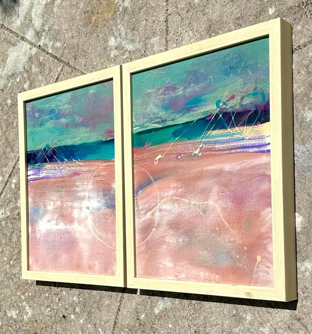 Abstrakte Coastal Seascape auf Leinwand, Vintage, 2er-Set, Vintage (20. Jahrhundert) im Angebot