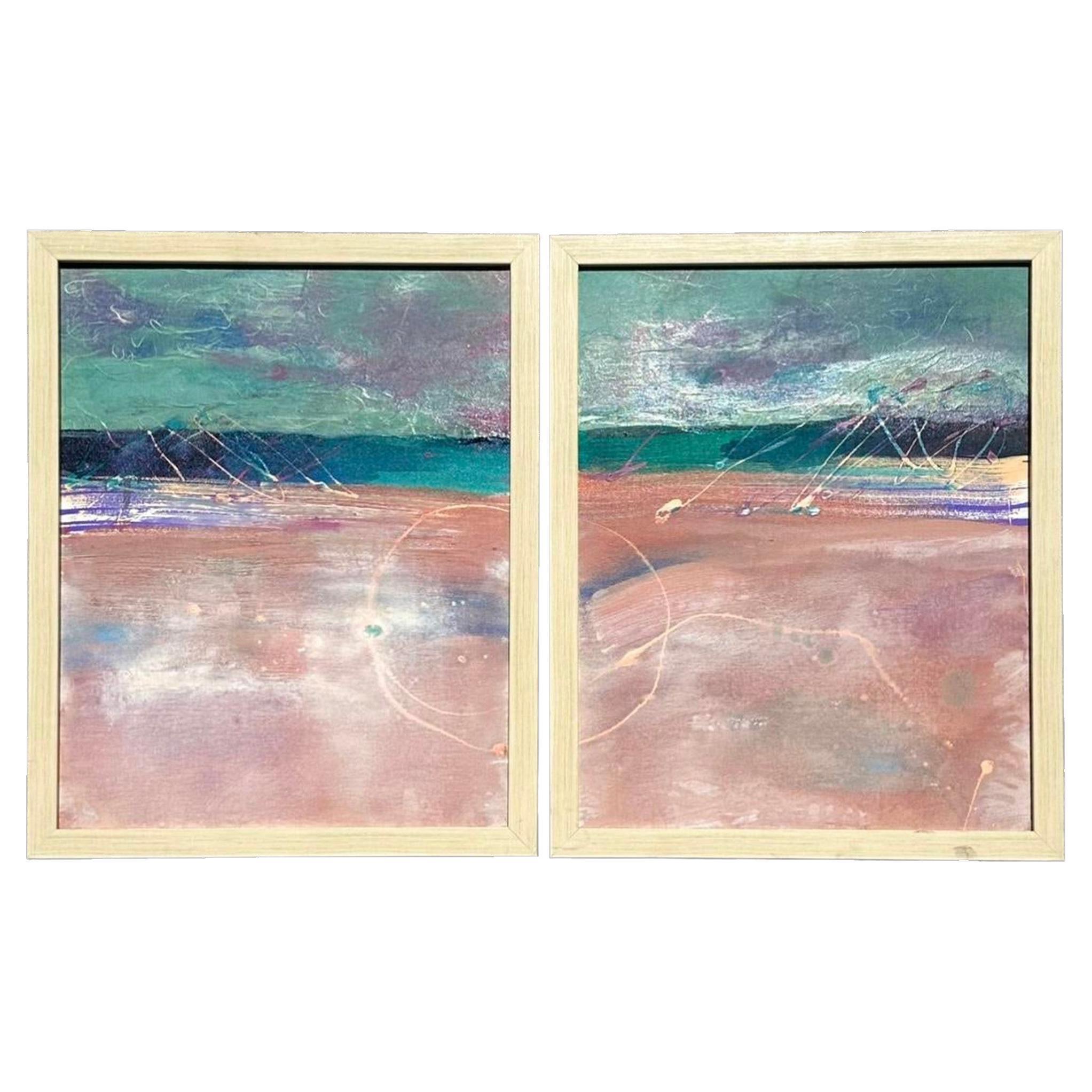 Paesaggio marino costiero astratto vintage su tela - Set di 2