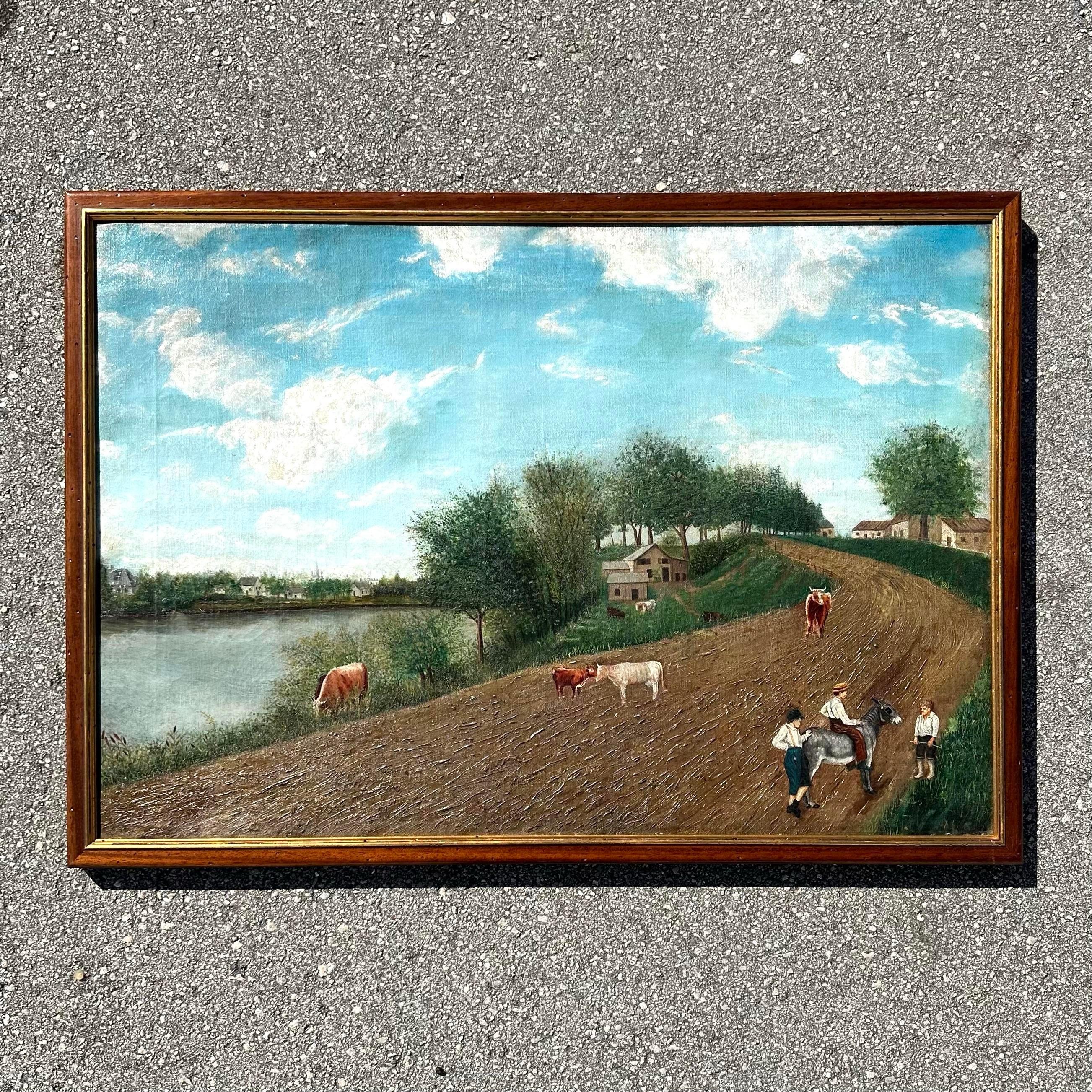 Questo quadro astratto è un'opera di riflessione. In questo astratto in stile collage ci sono molti elementi di differenziazione, tra cui un edificio, una parete con cornici di uomini a cavallo e un tessuto stampato all over. Gli elementi verde