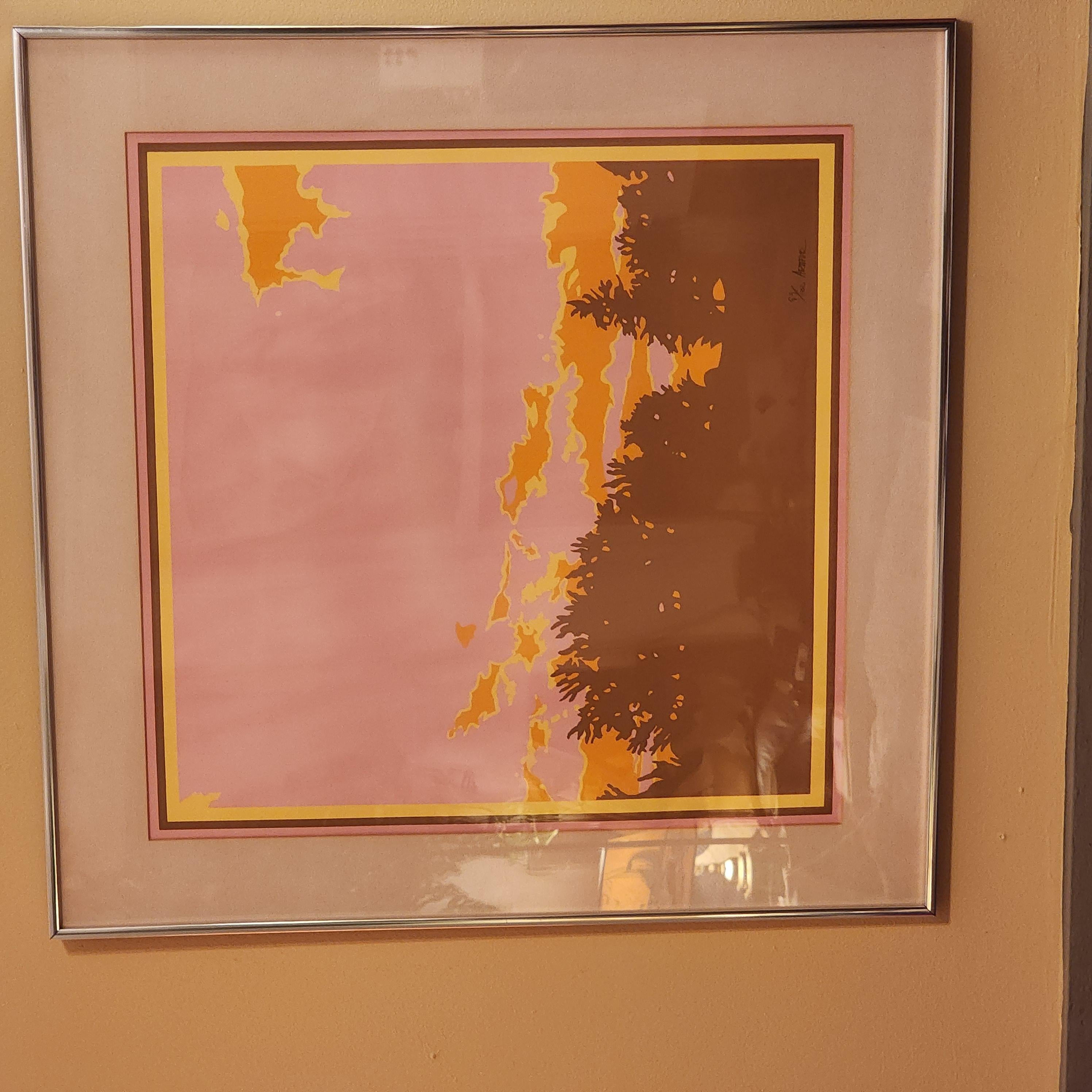 20th Century Vintage Abstract Color Blocking Print Landscape Pink Orange and Yellow For Sale