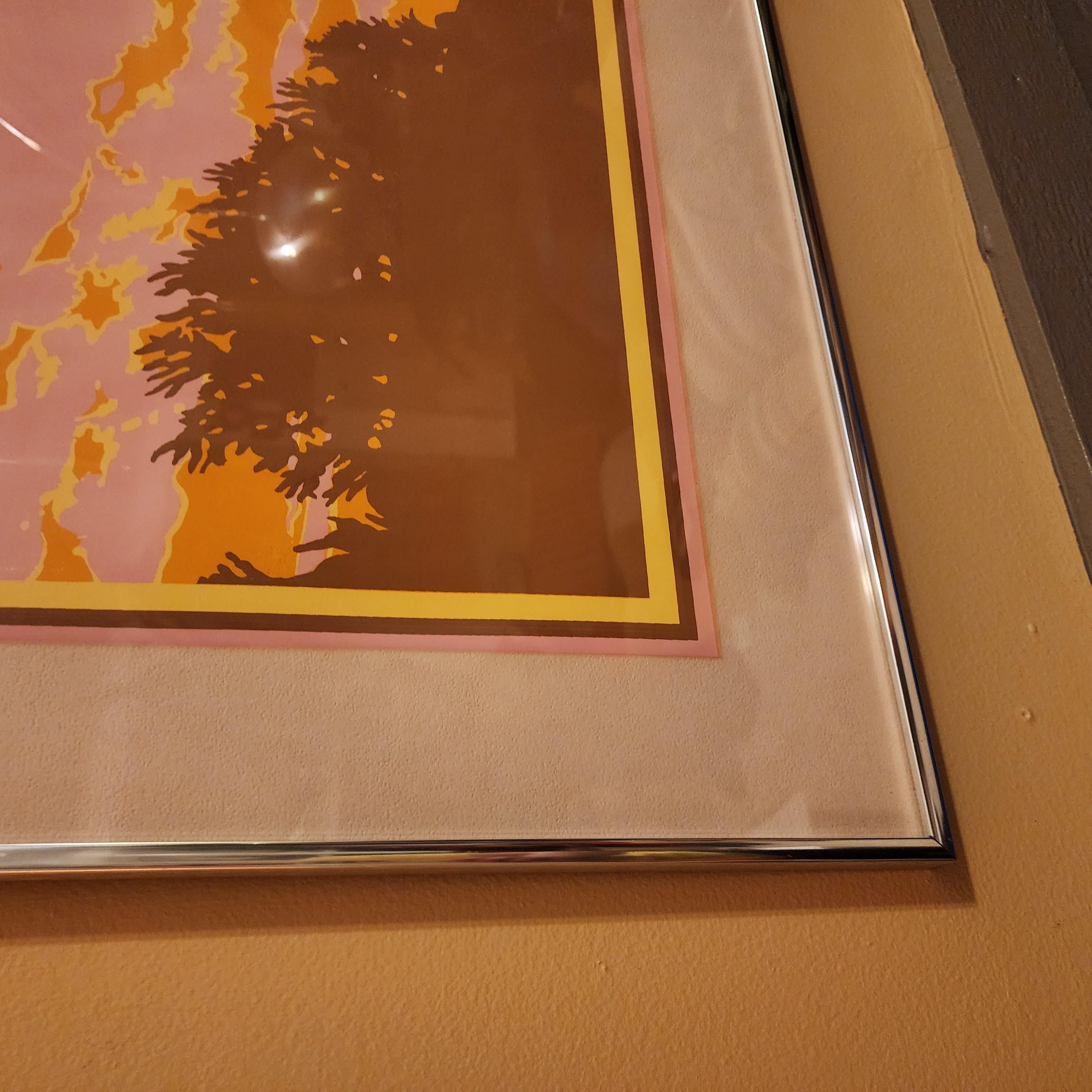 Vintage Abstract Color Blocking Druck Landschaft Rosa Orange und Gelb (Farbe) im Angebot