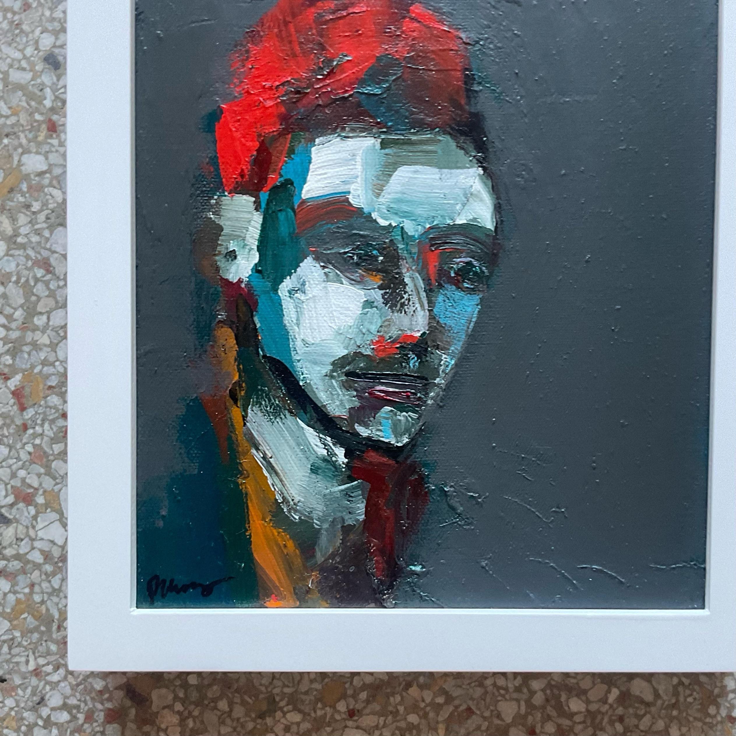 Vibrant Fauvist abstract oil painting with a deep rich background color of teal gray that allows the vibrancy of the abstract portrait to pop from the canvas. This work has immaculate brushstrokes and an incredible level of detail. Signed by the